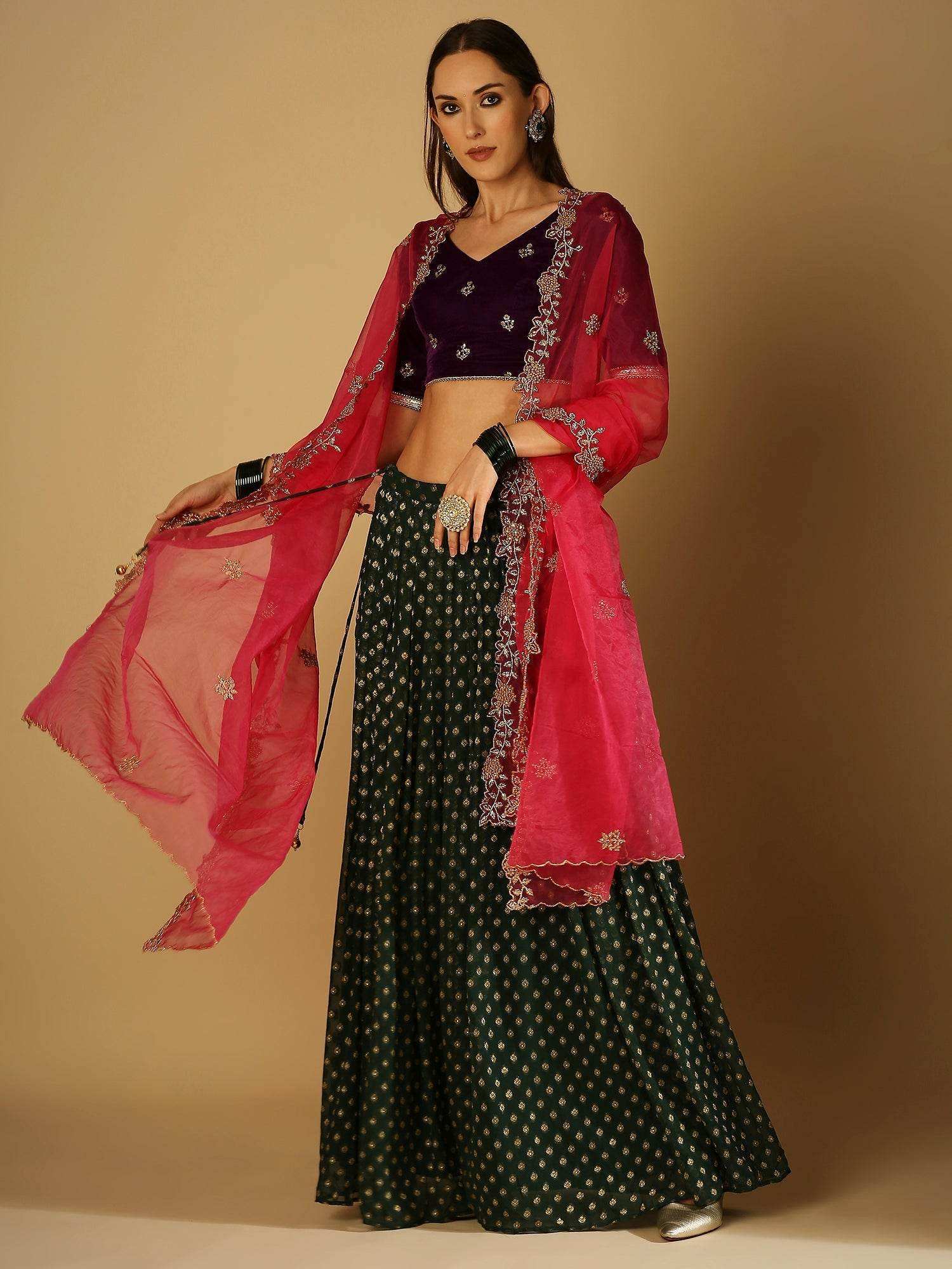 Roza-Lehenga Blouse Dupatta Set - Voilet blouse- Green lehanga - Monk & Mei