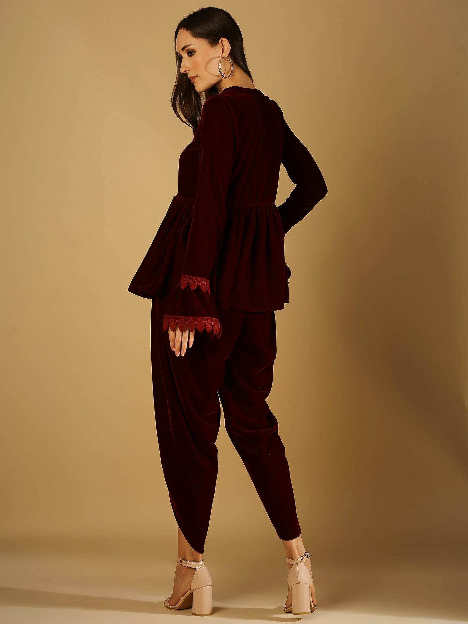 Farah - Jacket & Dhoti - Maroon - Monk & Mei
