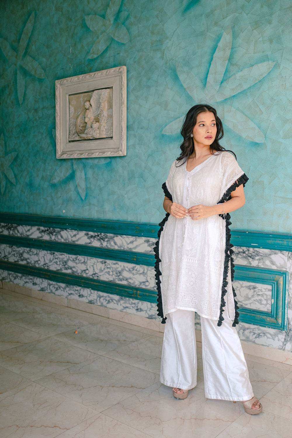Begum Chikankari Kaftan & Pants - White - Monk & Mei