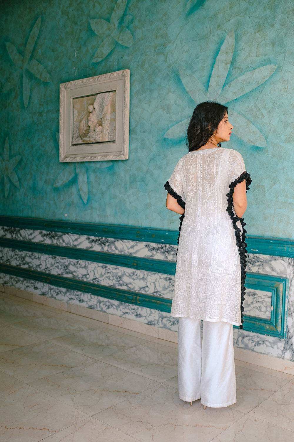 Begum Chikankari Kaftan & Pants - White - Monk & Mei
