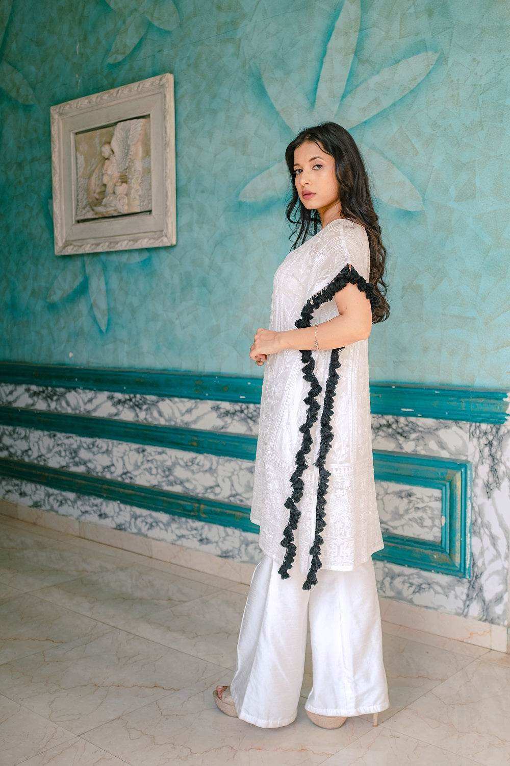 Begum Chikankari Kaftan & Pants - White - Monk & Mei