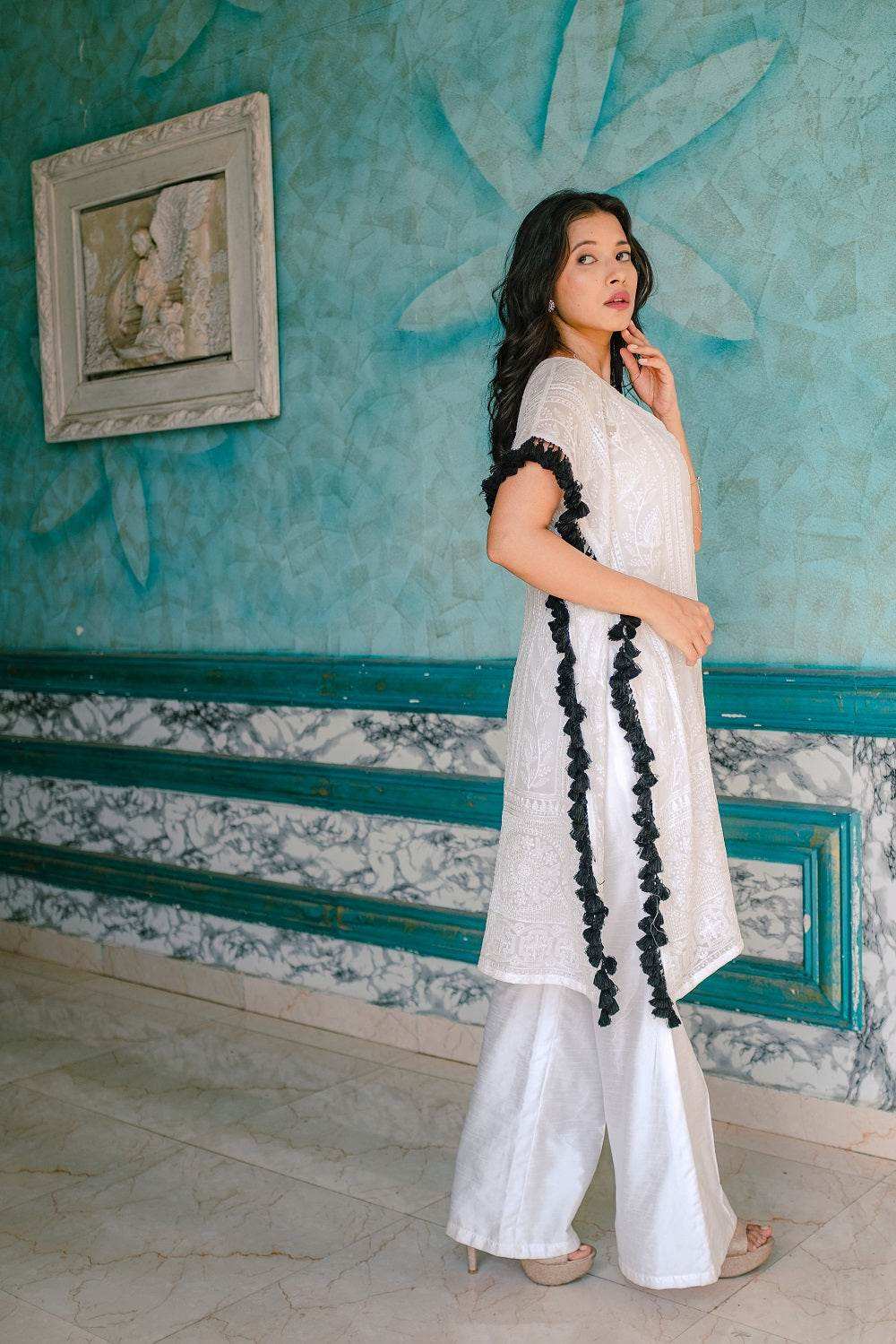 Begum Chikankari Kaftan & Pants - White - Monk & Mei