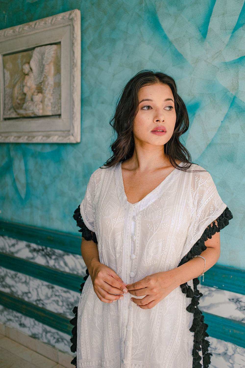 Begum Chikankari Kaftan & Pants - White - Monk & Mei