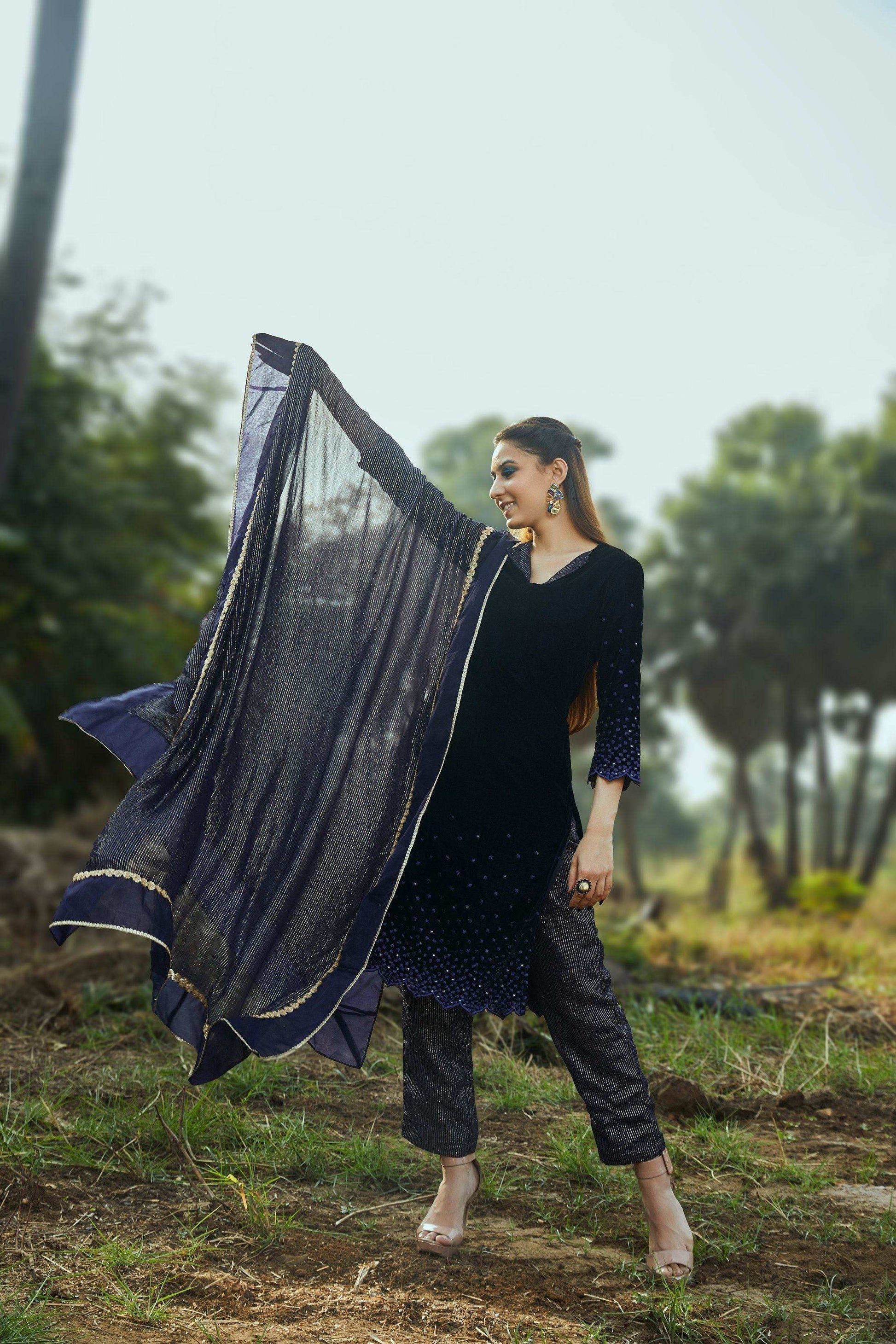 Sophia Velvet Kurta, Pant & Dupatta- Blue - Monk & Mei