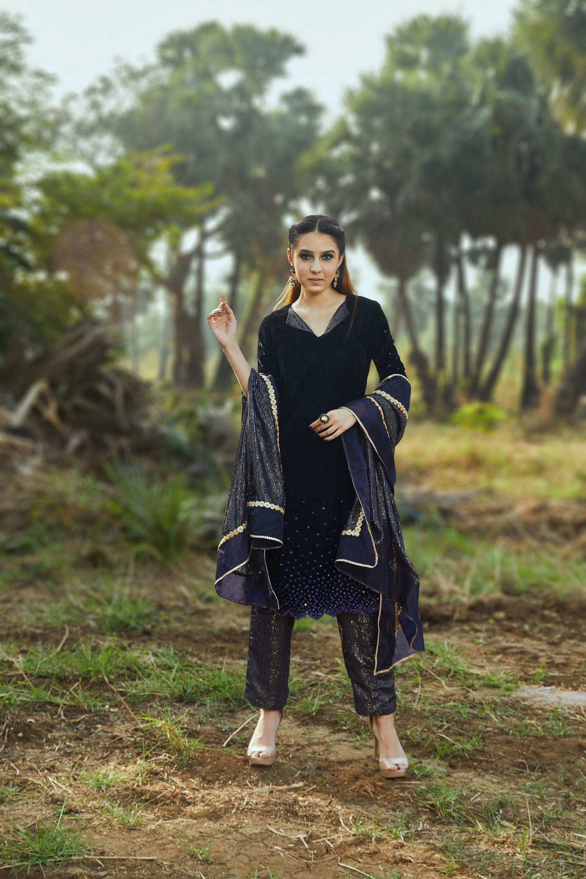 Sophia Velvet Kurta, Pant & Dupatta- Blue - Monk & Mei