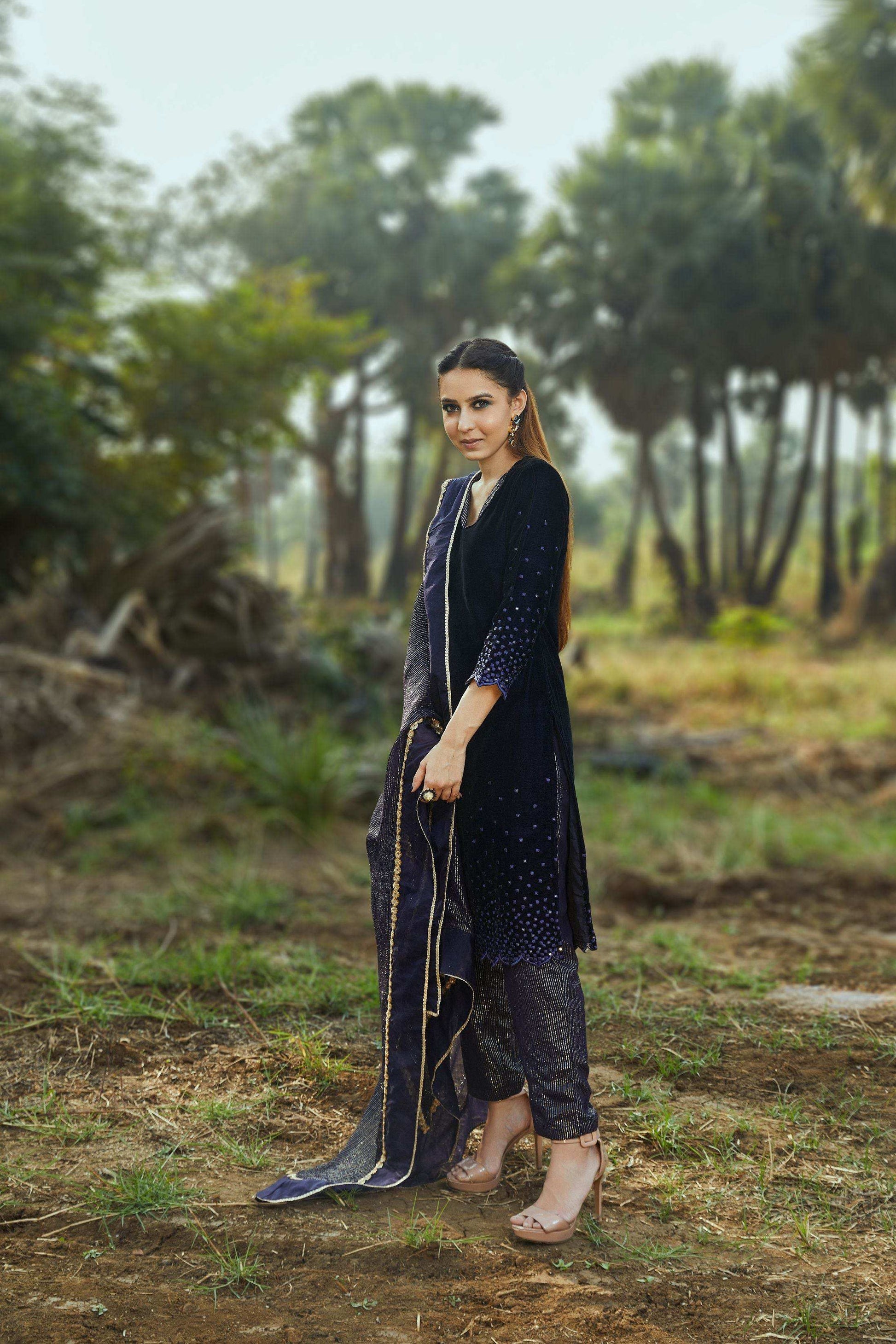 Sophia Velvet Kurta, Pant & Dupatta- Blue - Monk & Mei