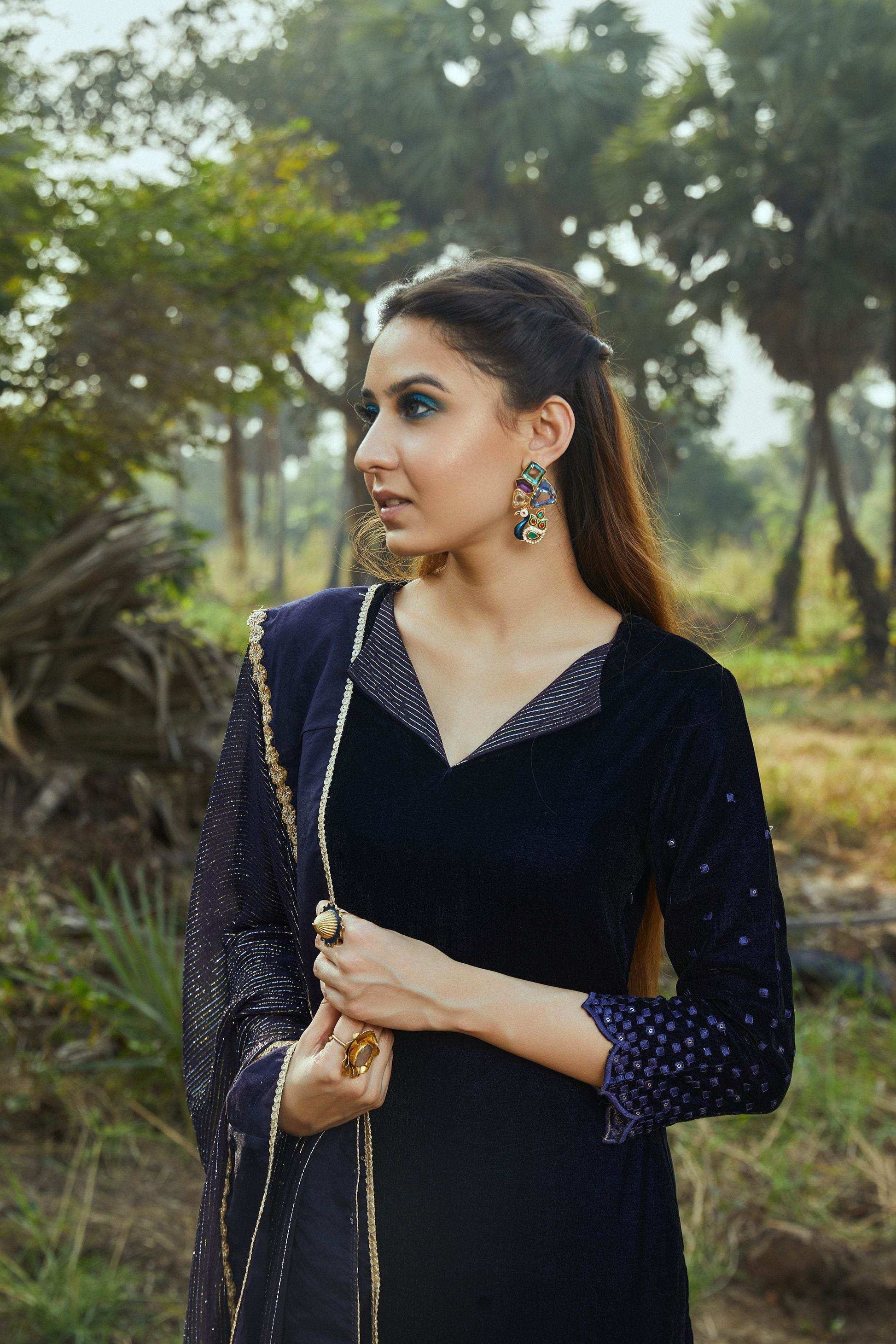 Sophia Velvet Kurta, Pant & Dupatta- Blue - Monk & Mei