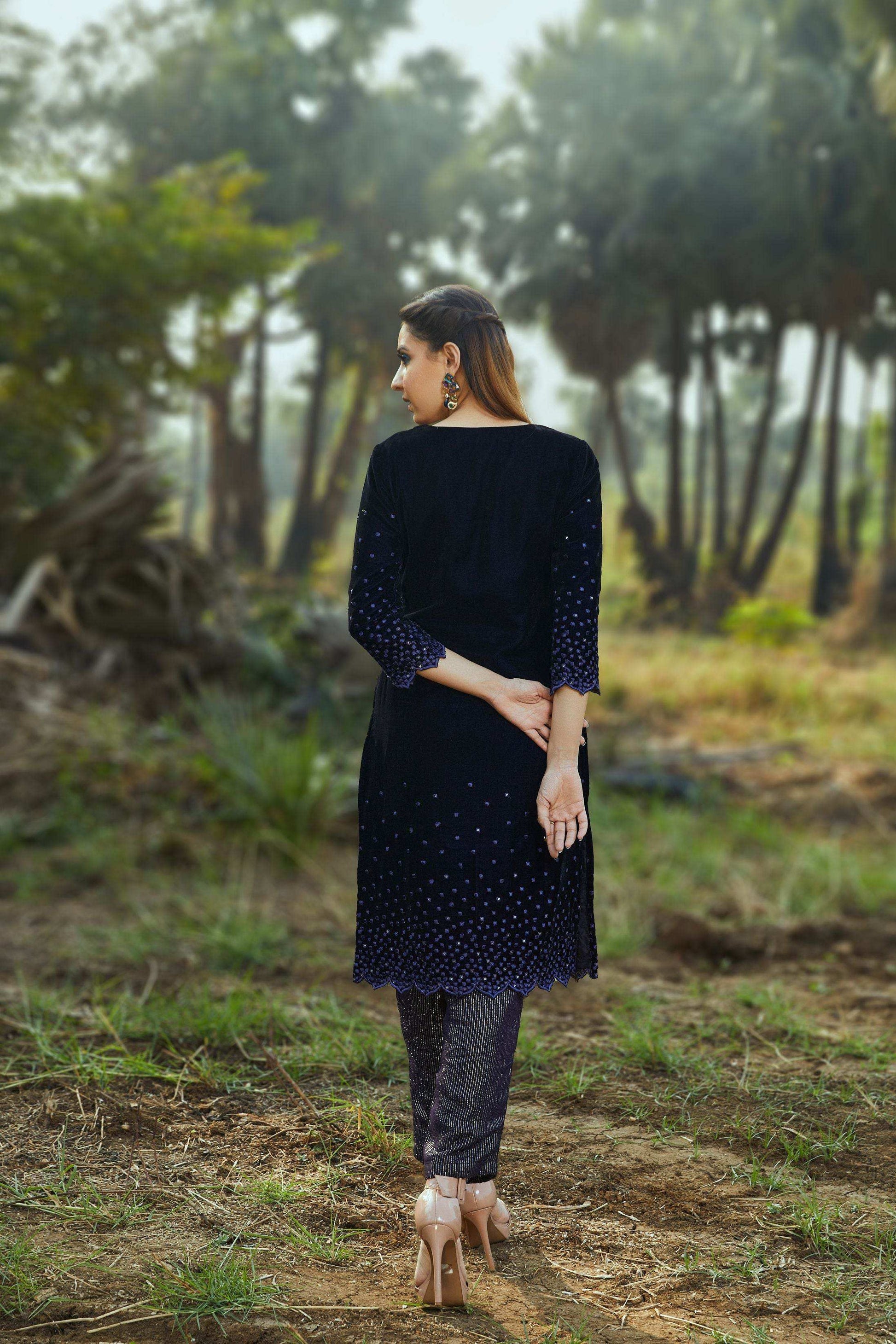 Sophia Velvet Kurta, Pant & Dupatta- Blue - Monk & Mei