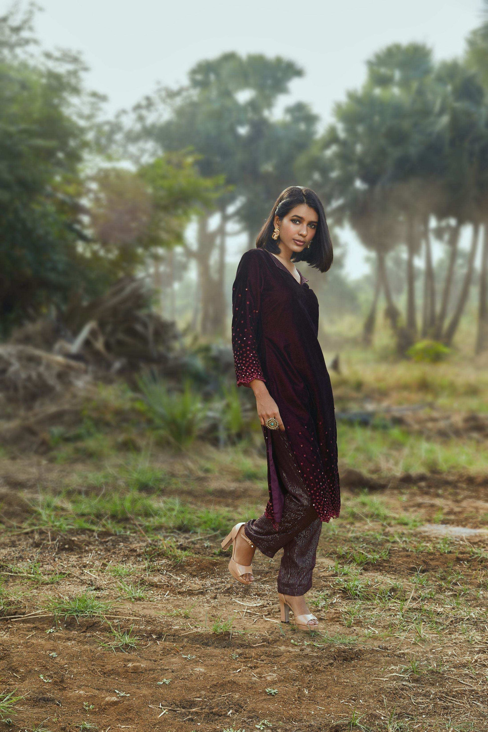 Sophia Velvet Kurta, Pant & Dupatta- Wine - Monk & Mei