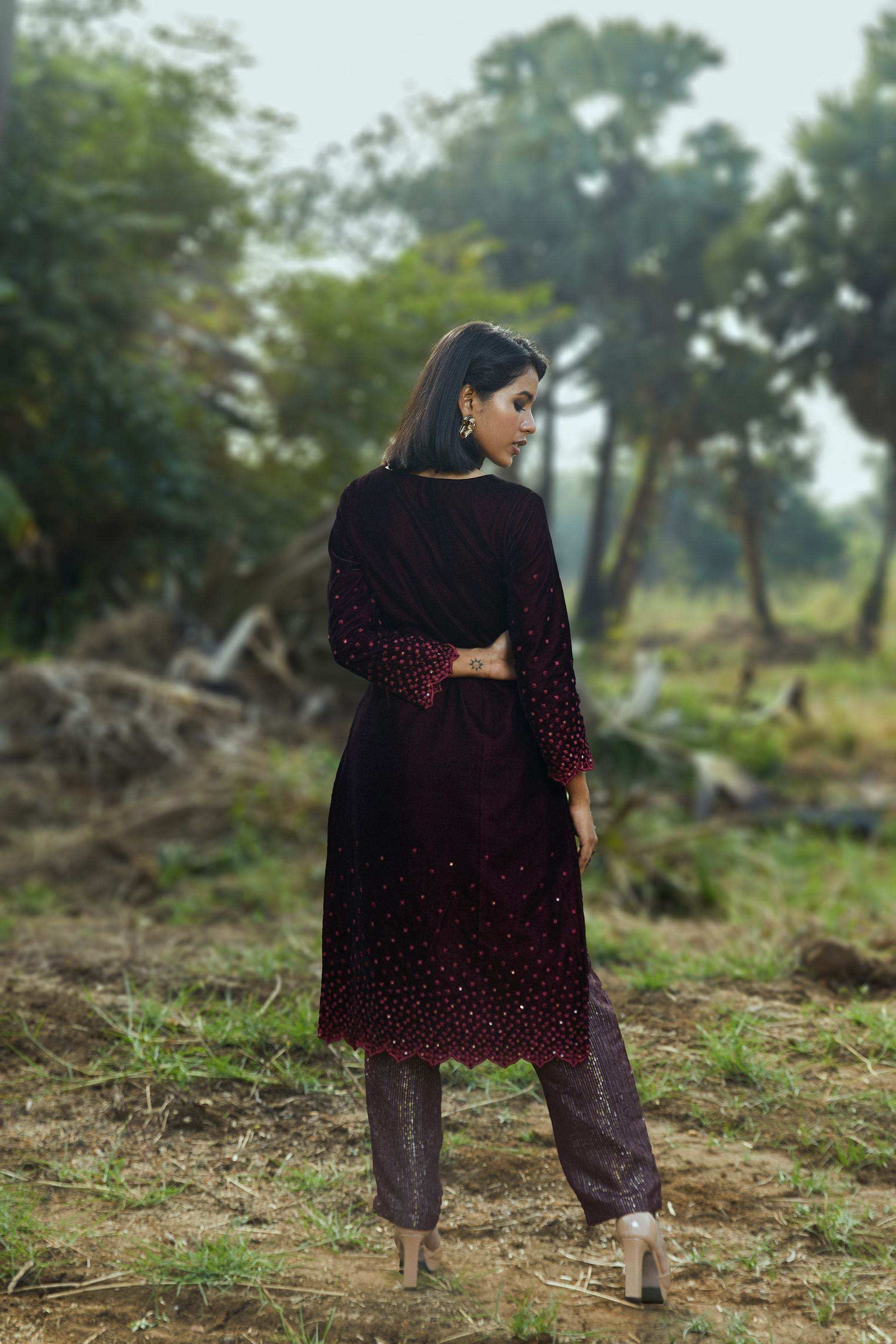 Sophia Velvet Kurta, Pant & Dupatta- Wine - Monk & Mei