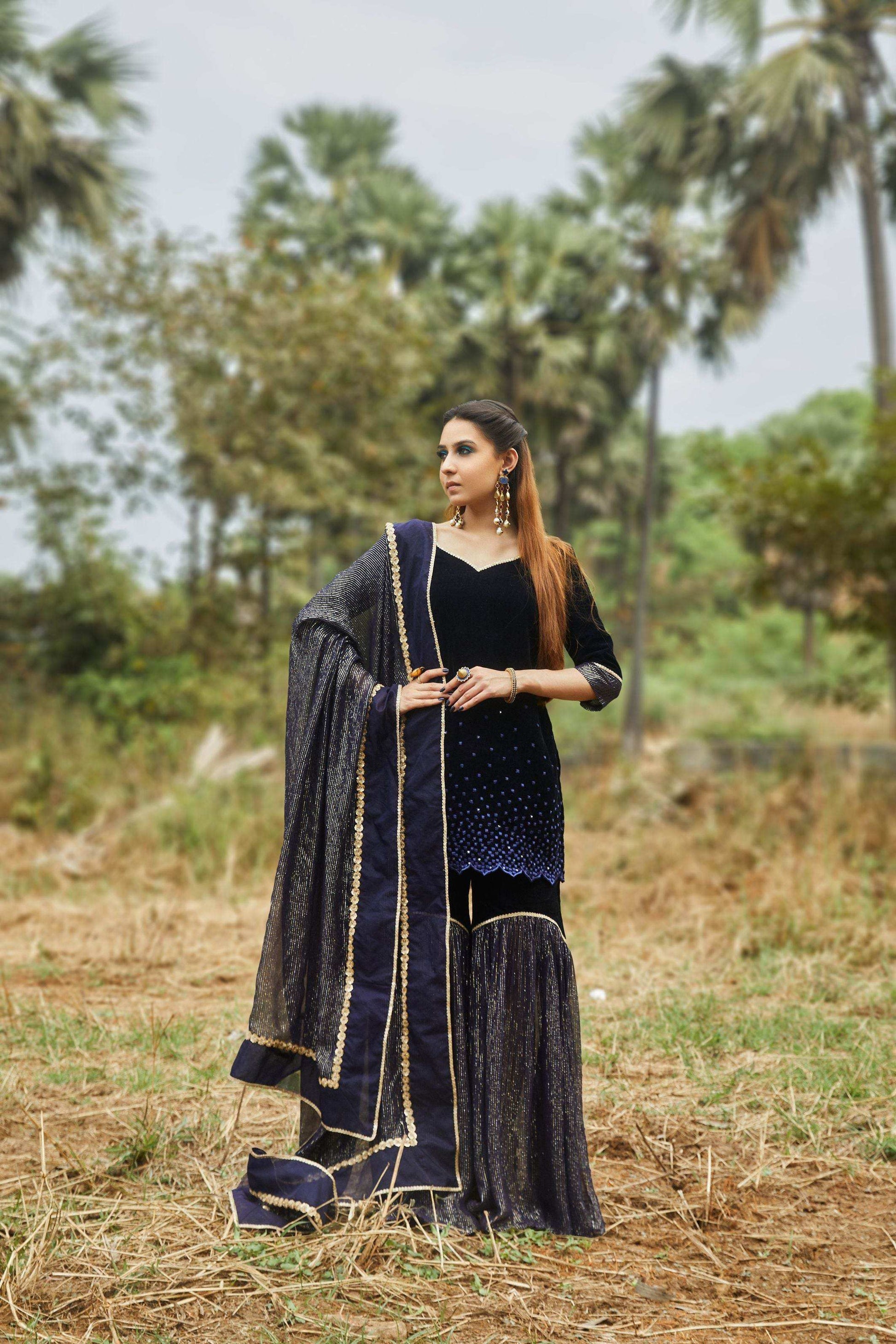 Ursula Velvet Kurta, Sharara & Dupatta- Blue - Monk & Mei