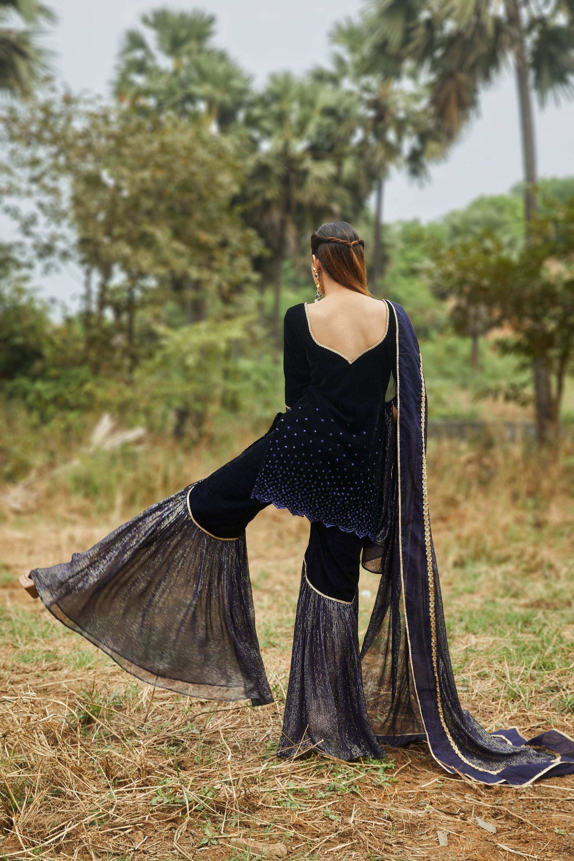 Ursula Velvet Kurta, Sharara & Dupatta- Blue - Monk & Mei