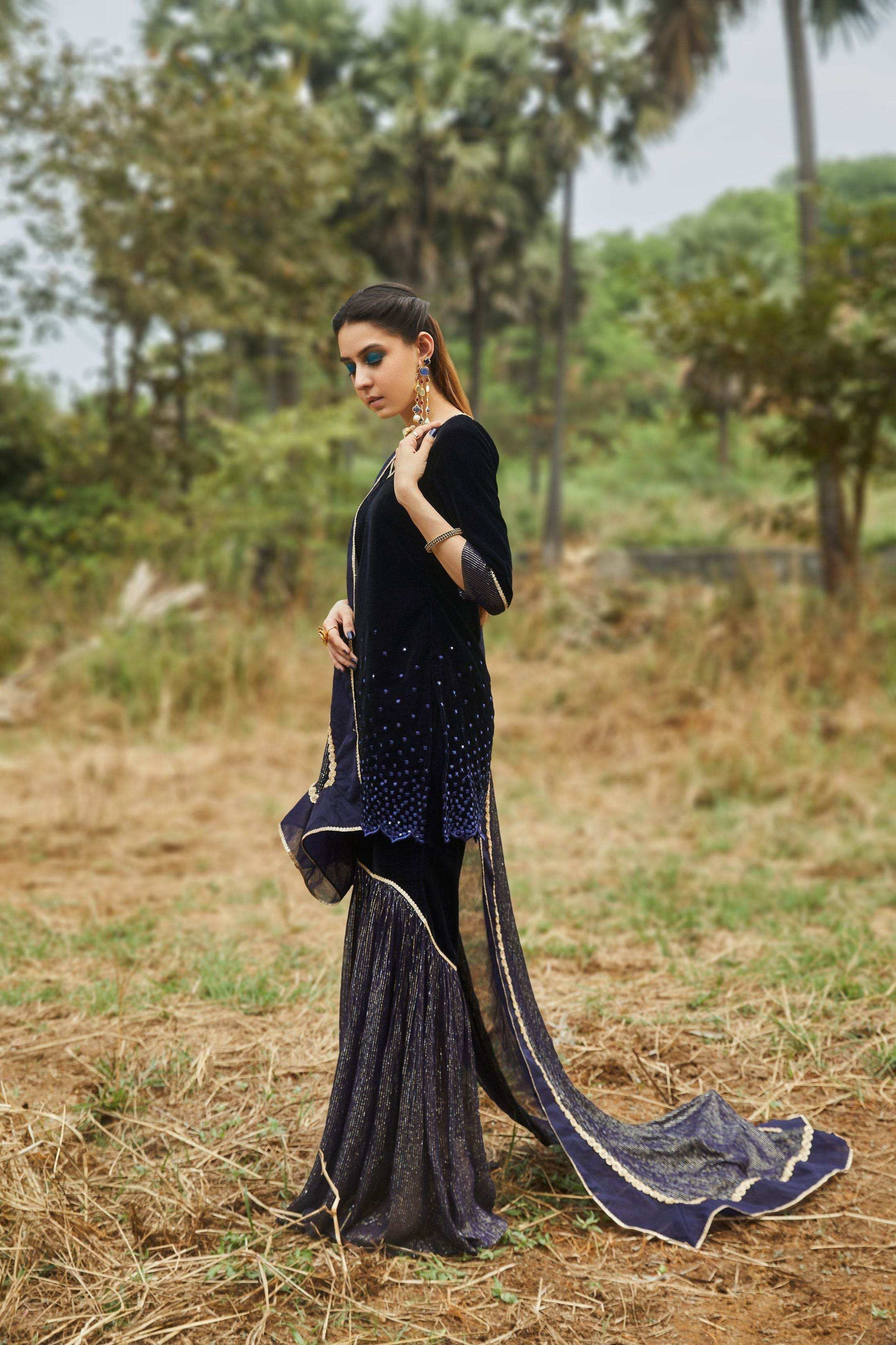 Ursula Velvet Kurta, Sharara & Dupatta- Blue - Monk & Mei
