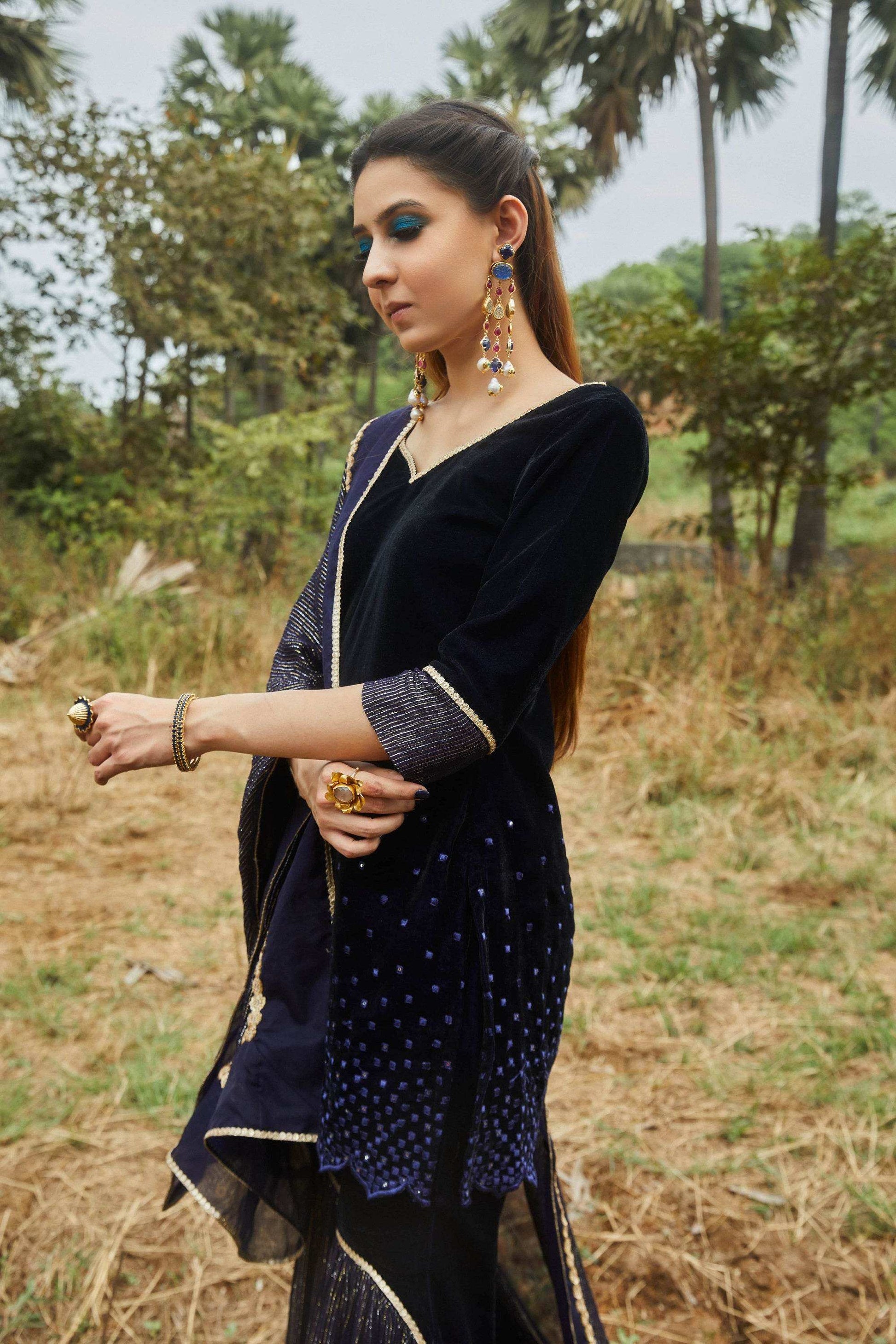 Ursula Velvet Kurta, Sharara & Dupatta- Blue - Monk & Mei