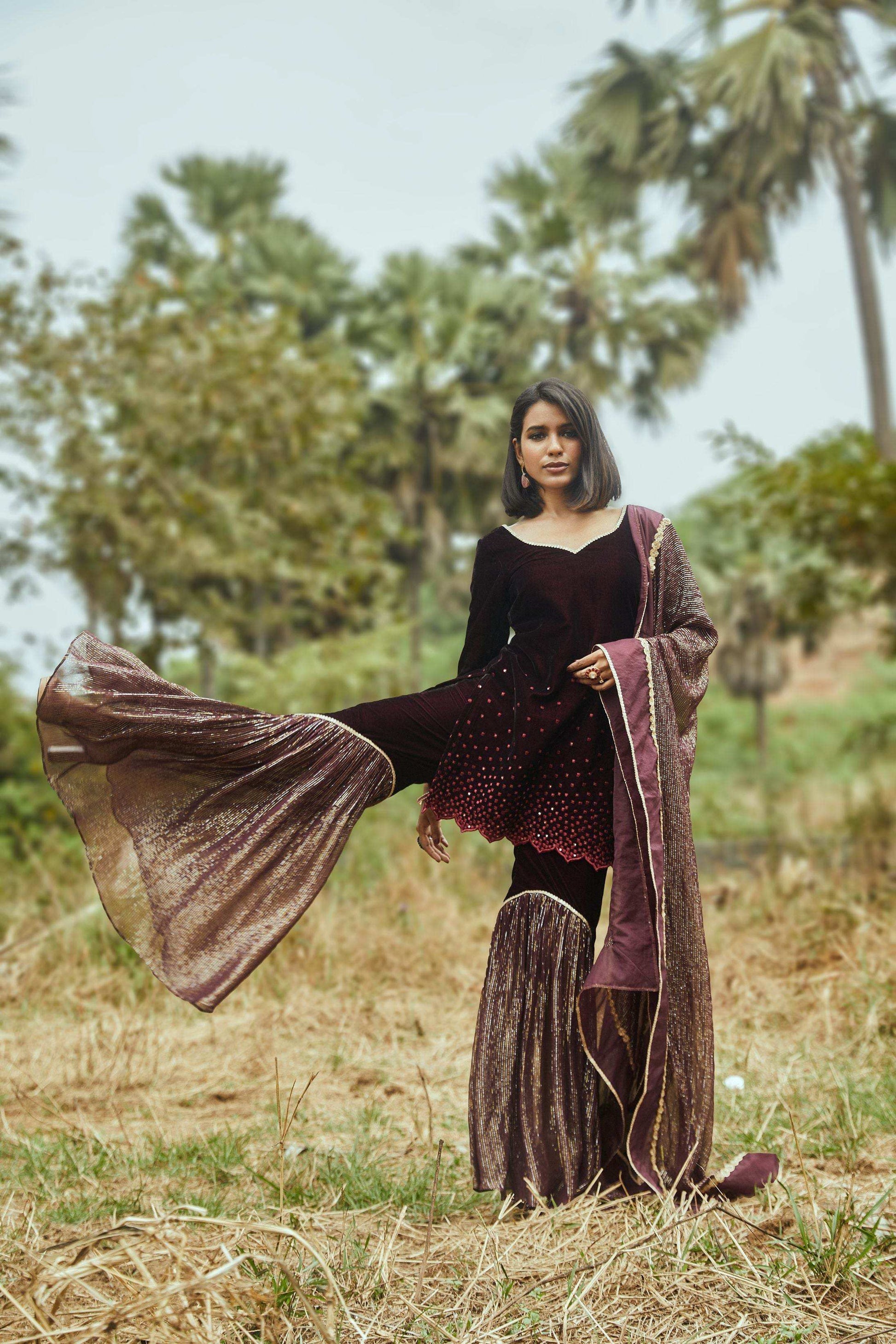 Ursula Velvet Kurta, Sharara & Dupatta- Wine - Monk & Mei