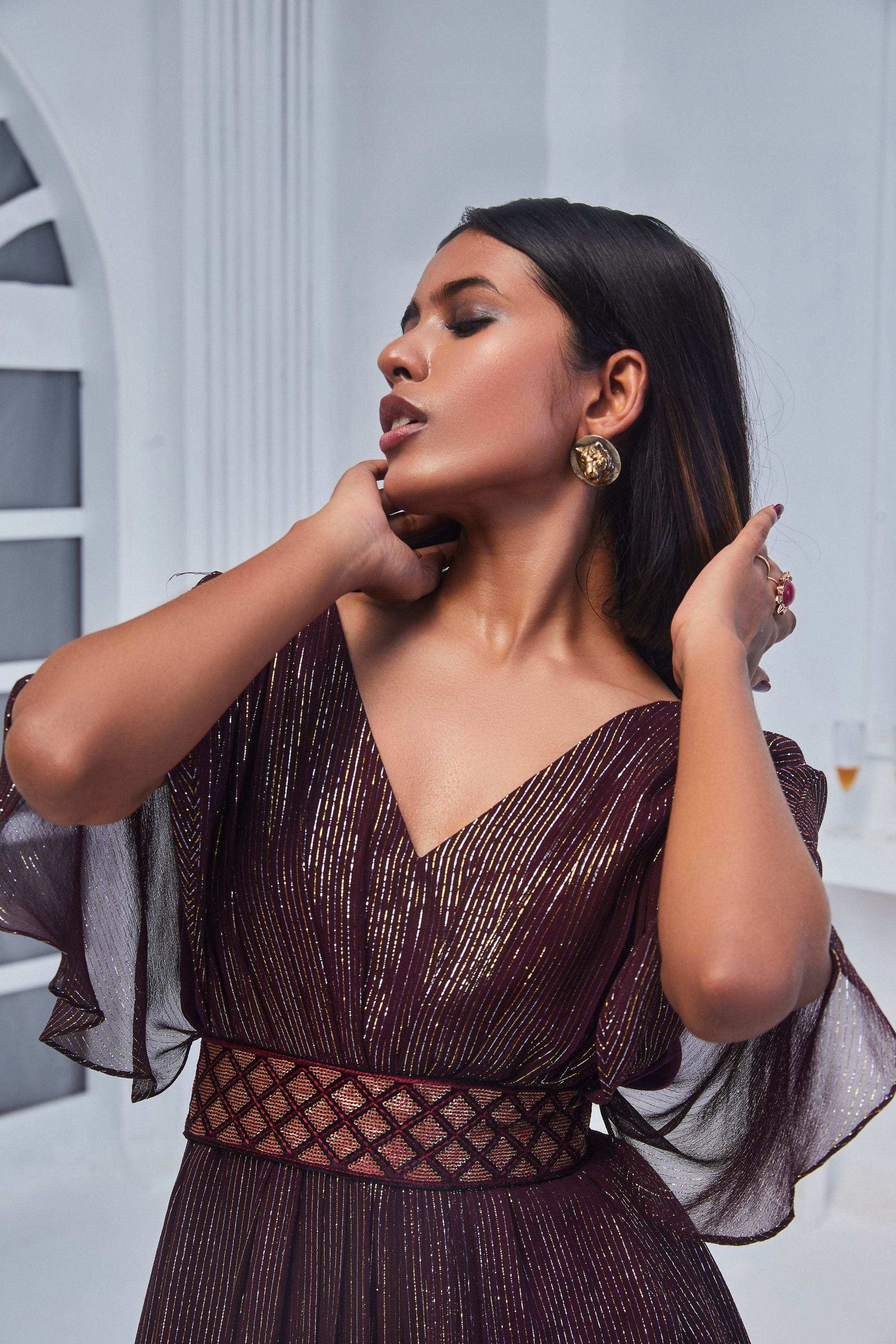 Christina Jumpsuit & Belt- Wine - Monk & Mei