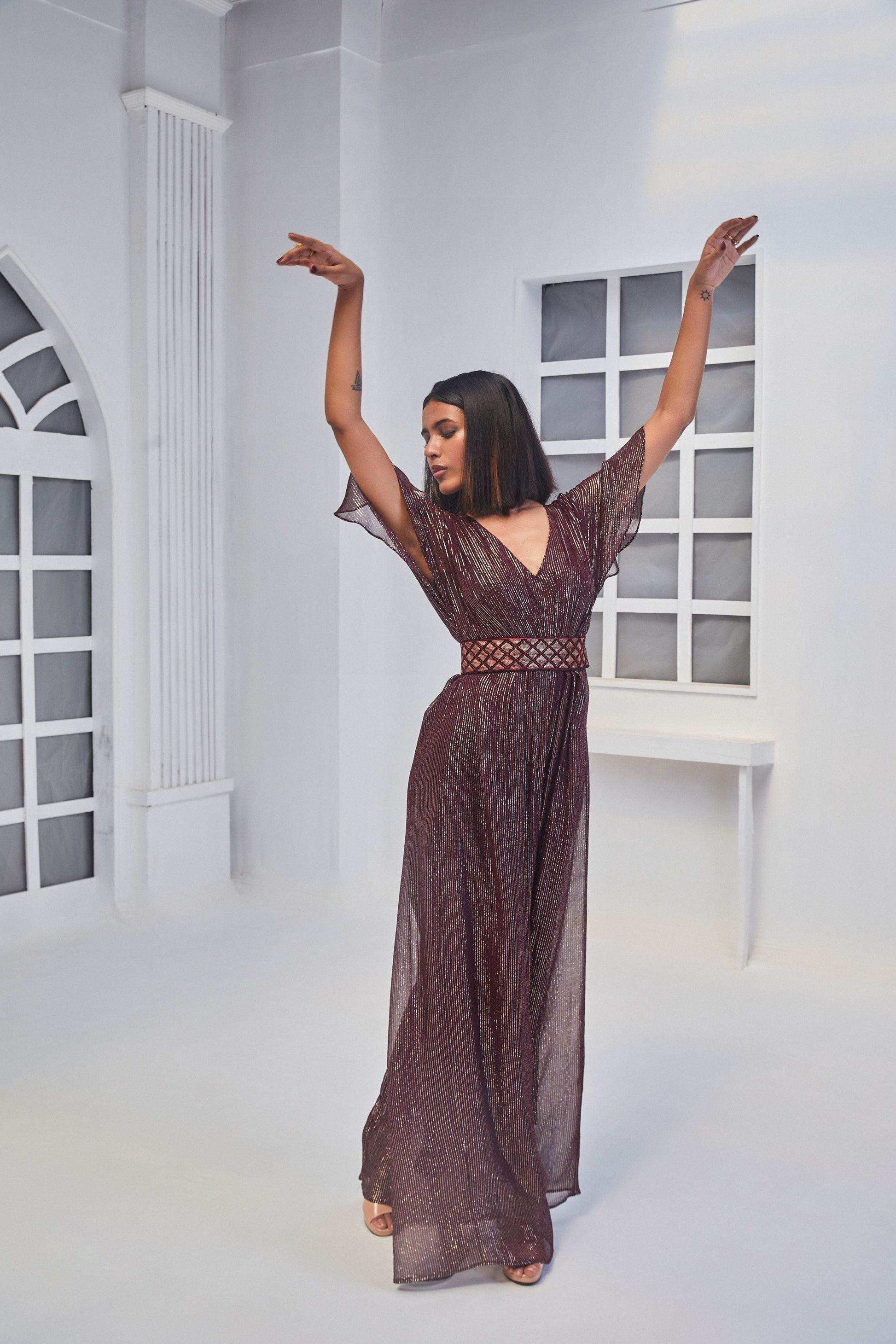 Christina Jumpsuit & Belt- Wine - Monk & Mei