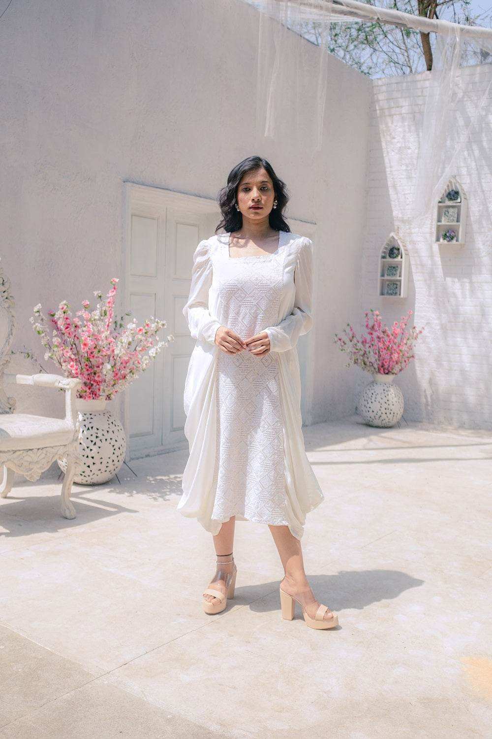 Fatima Chikankari Cowl Dress - White - Monk & Mei