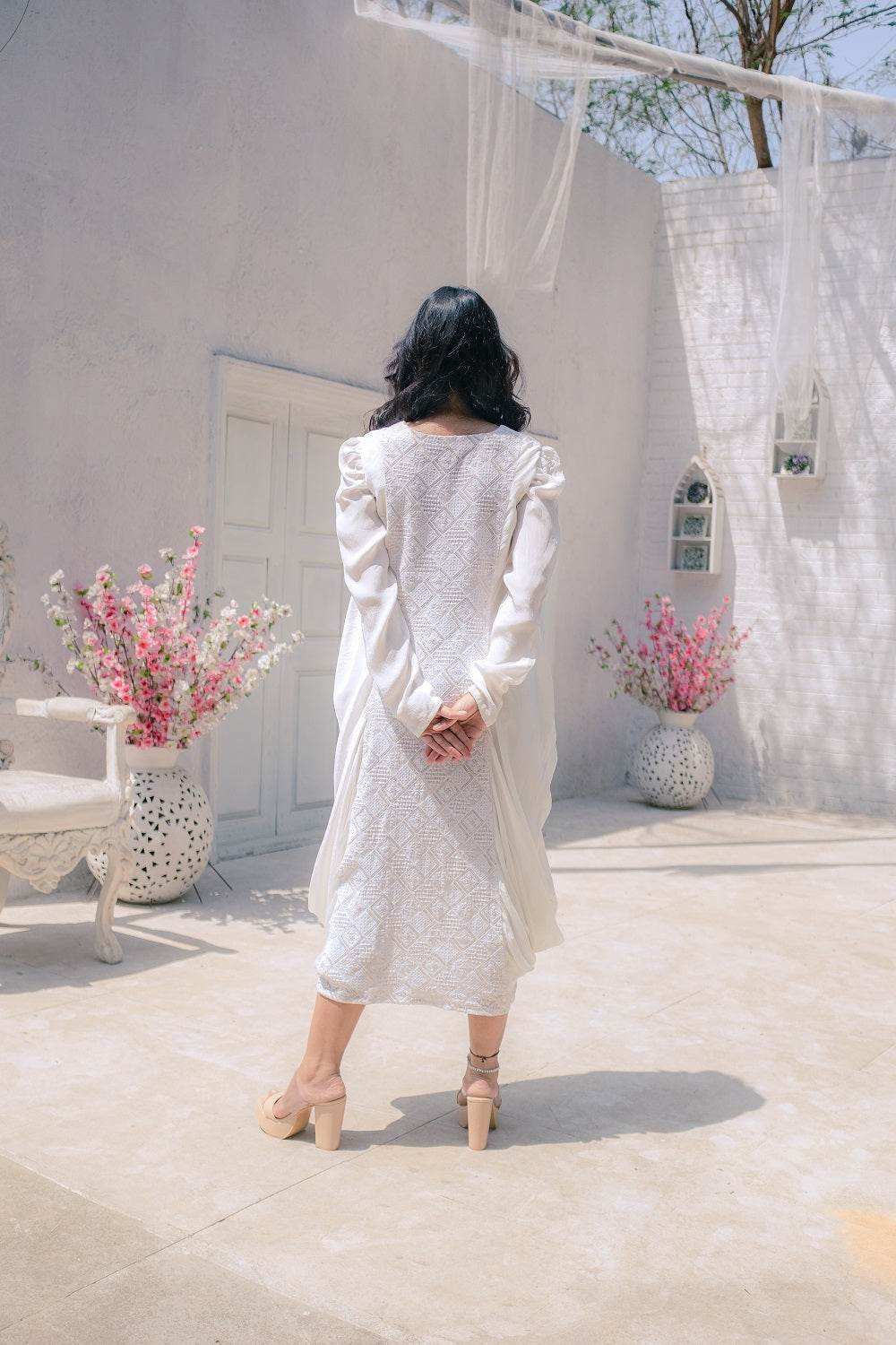 Fatima Chikankari Cowl Dress - White - Monk & Mei
