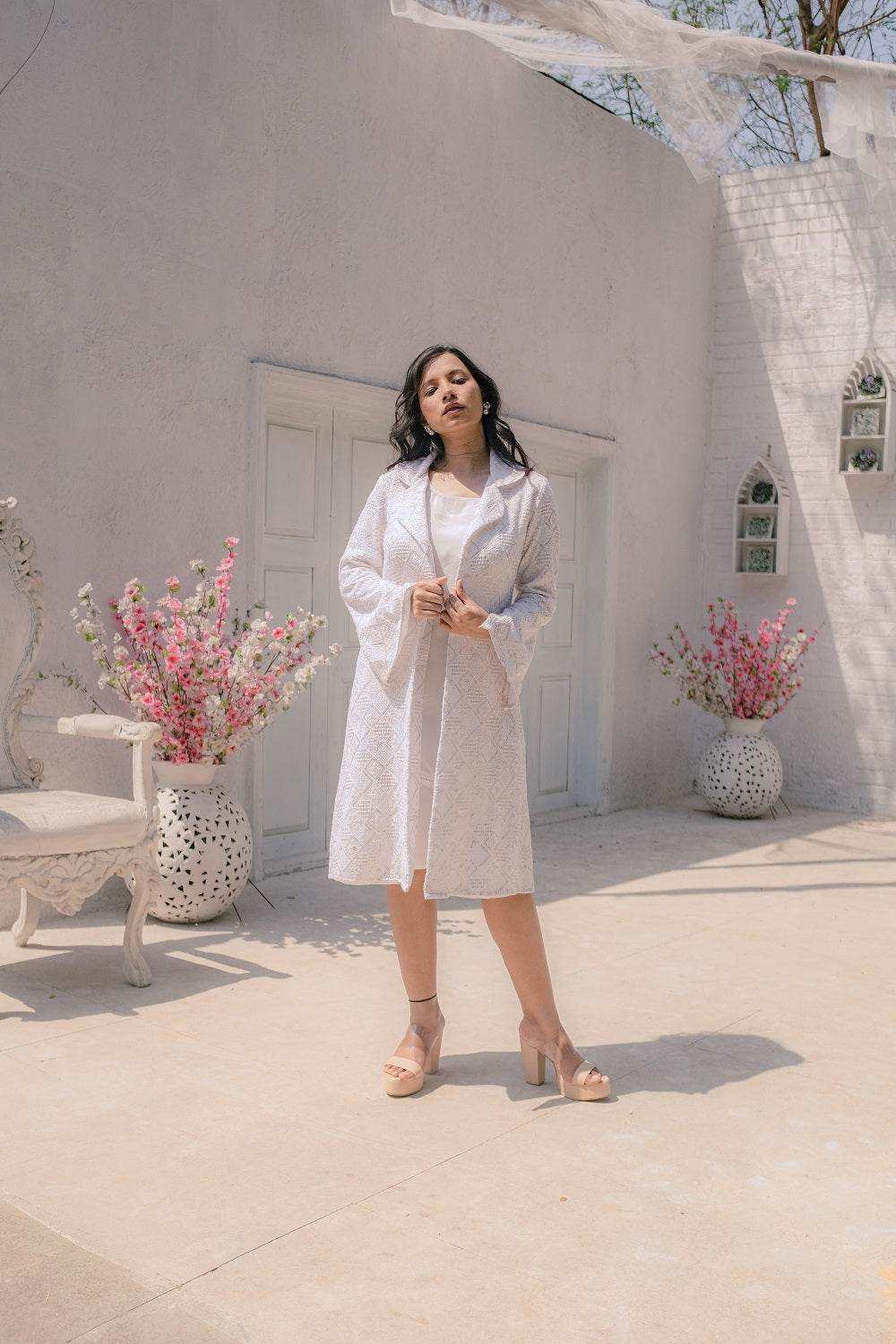 Heer Dress & Chikankari Jacket - White - Monk & Mei