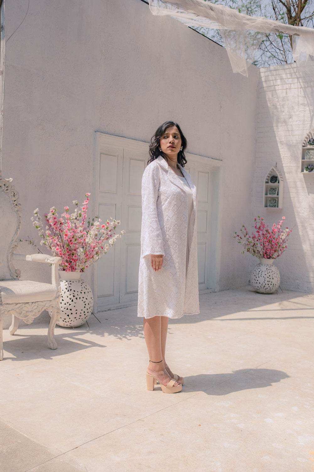 Heer Dress & Chikankari Jacket - White - Monk & Mei