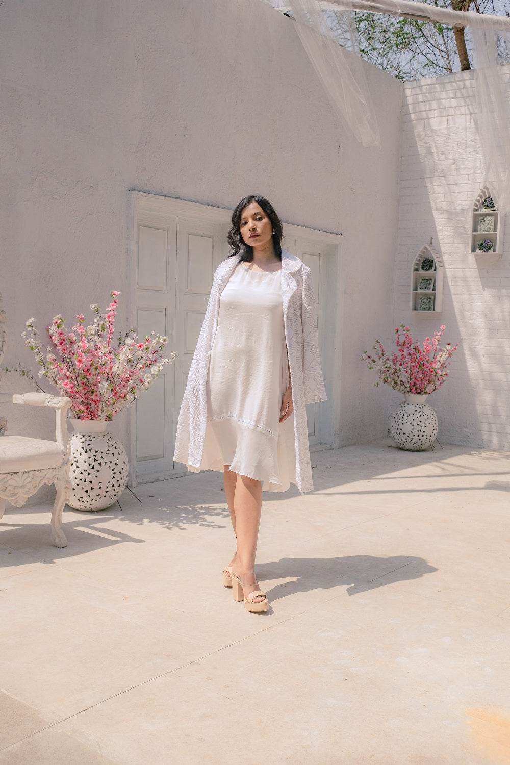 Heer Dress & Chikankari Jacket - White - Monk & Mei