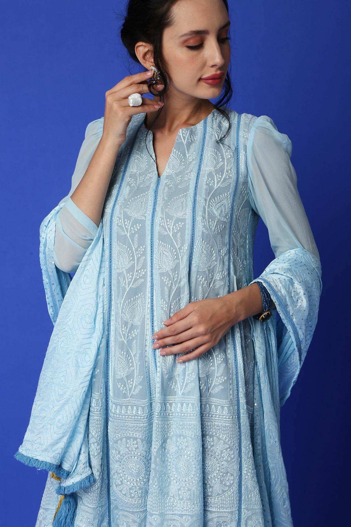 Mumtaz Chikankari Anarkali Kurta/ Dress & pants - Monk & Mei