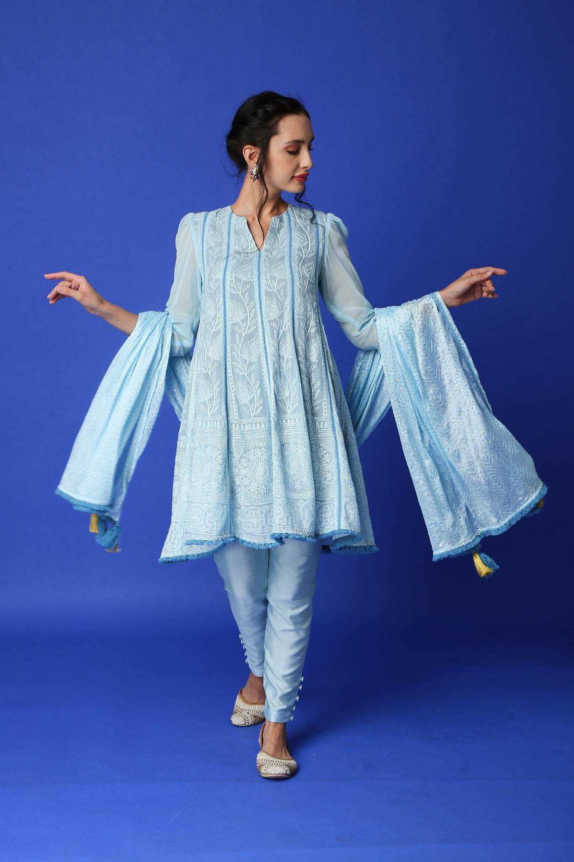 Mumtaz Chikankari Anarkali Kurta/ Dress & pants - Monk & Mei