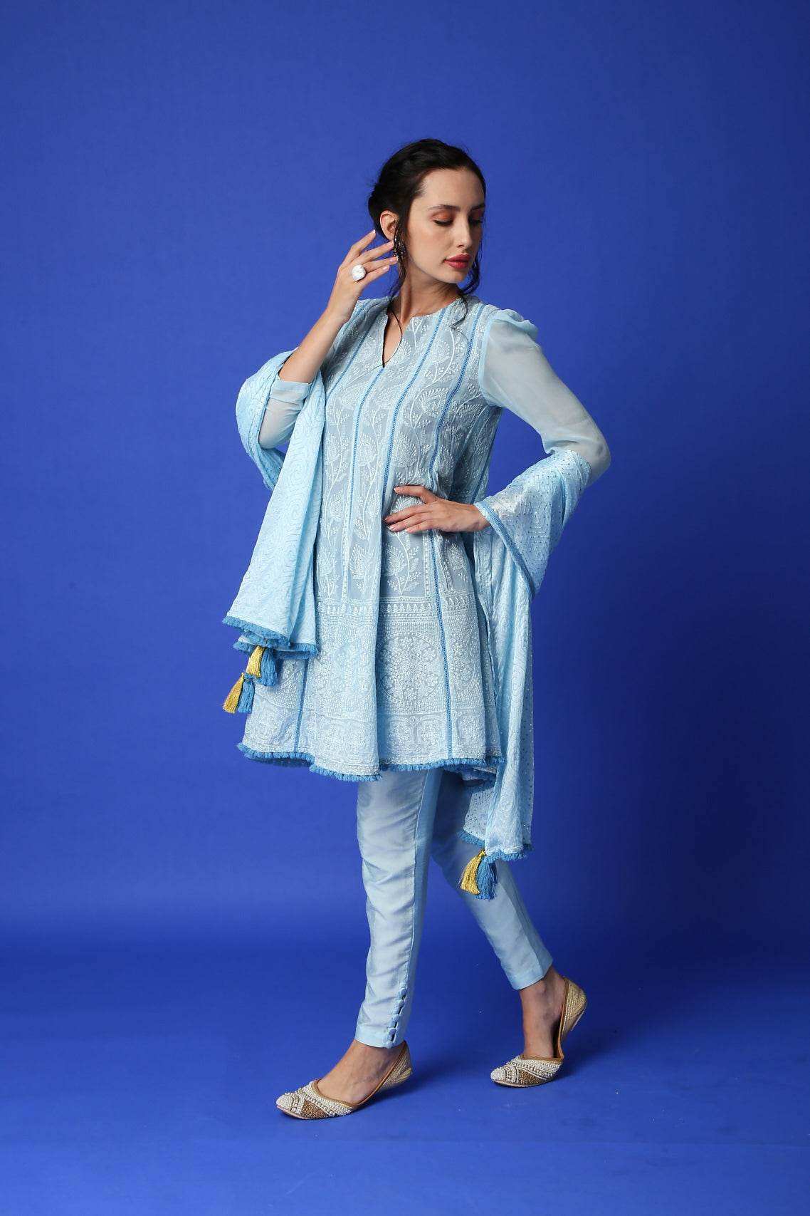 Mumtaz Chikankari Anarkali Kurta/ Dress & pants - Monk & Mei