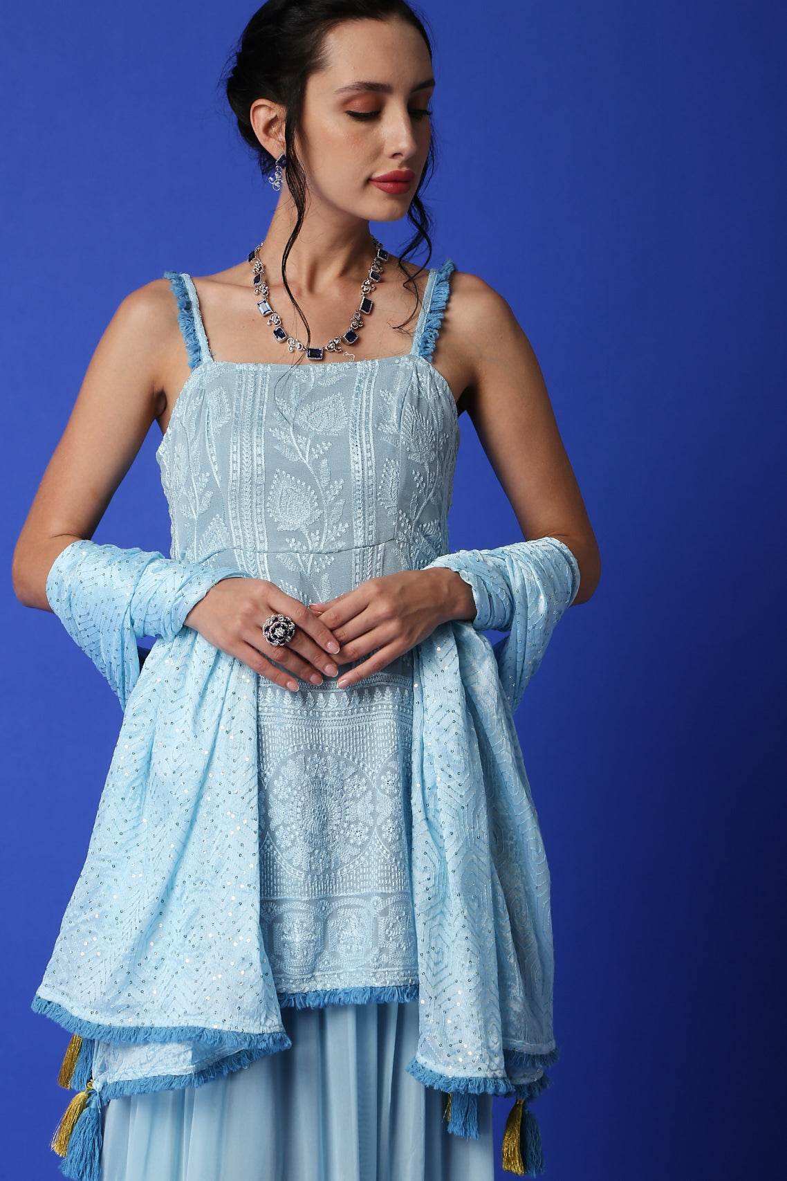 Sharmila Chikankari Kurta, Lehenga Skirt & Dupatta - Monk & Mei