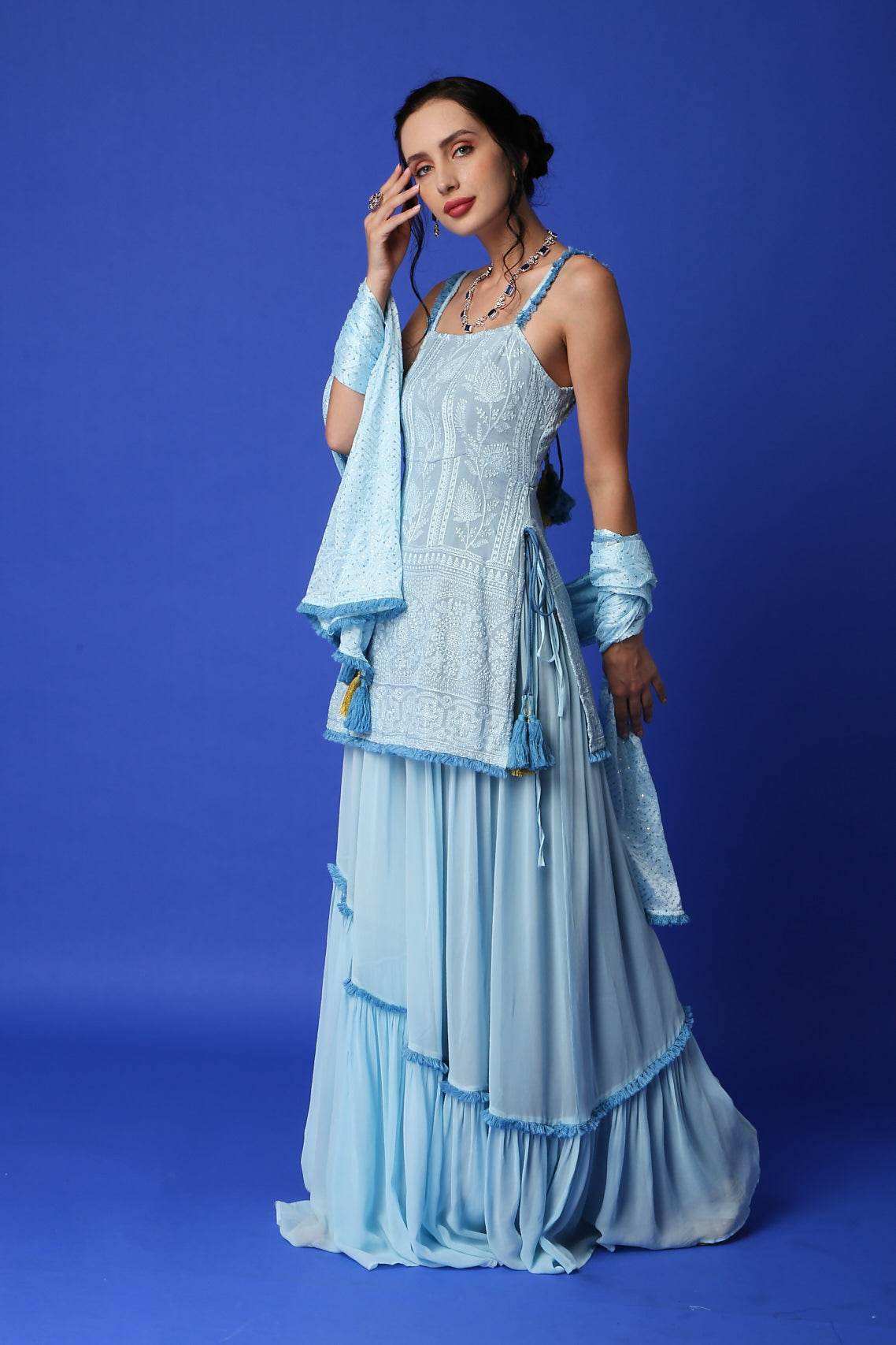 Sharmila Chikankari Kurta, Lehenga Skirt & Dupatta - Monk & Mei