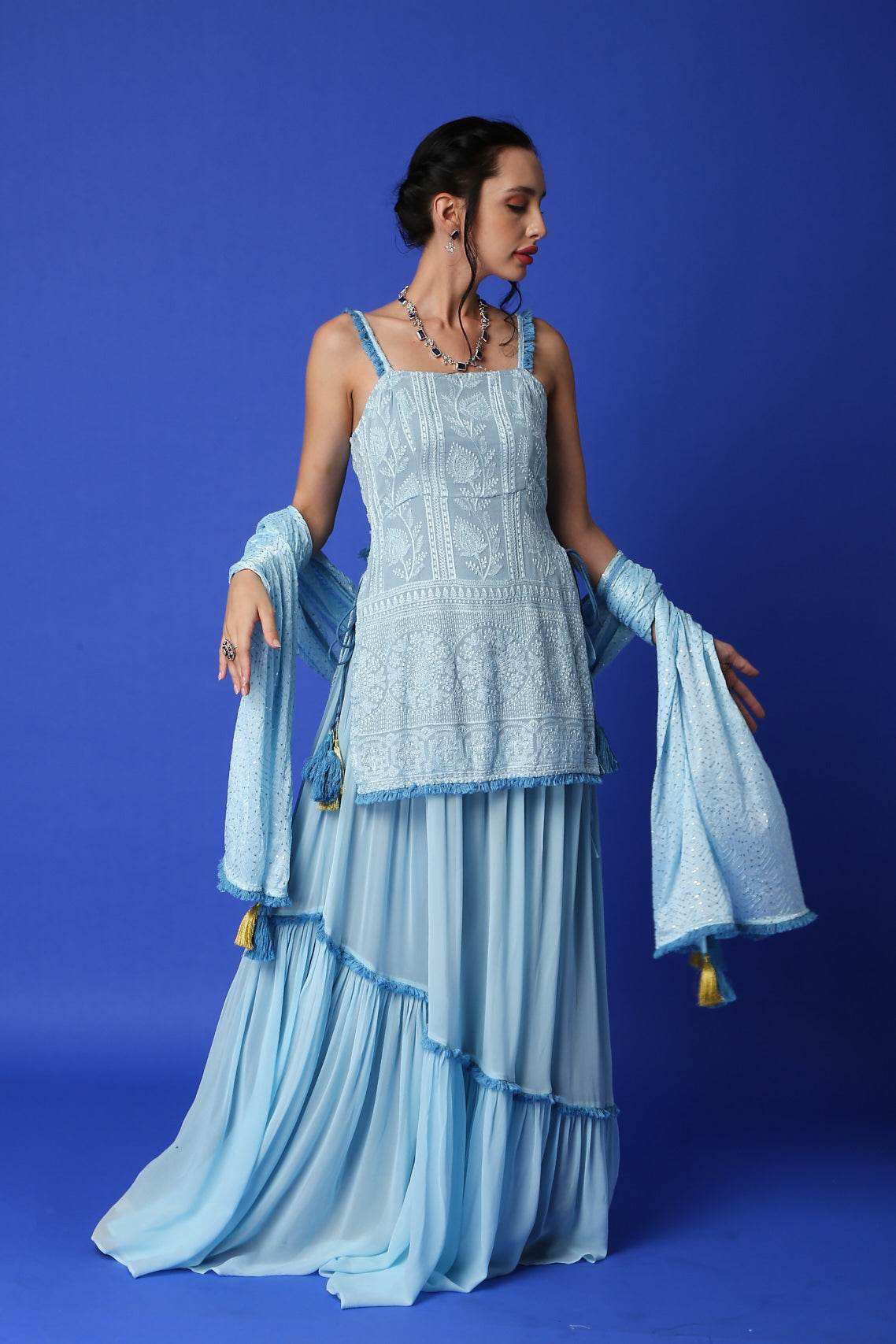 Sharmila Chikankari Kurta, Lehenga Skirt & Dupatta - Monk & Mei