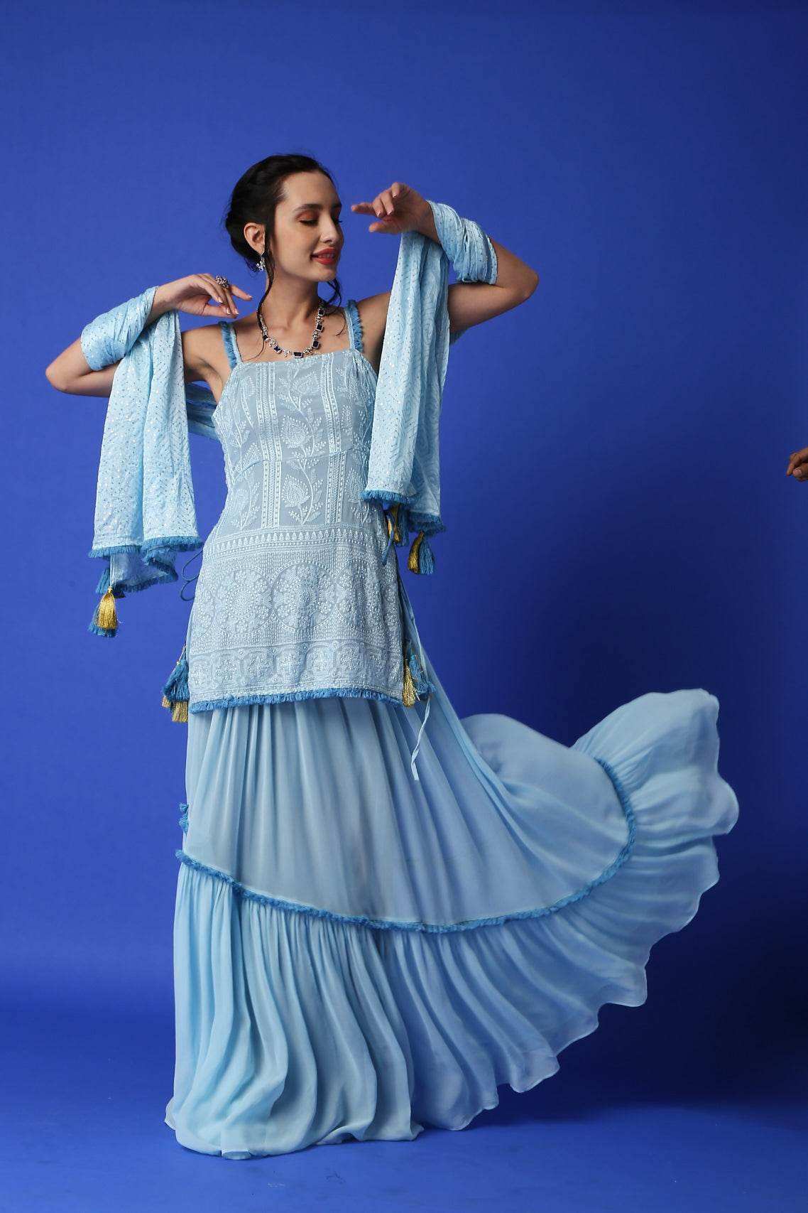 Sharmila Chikankari Kurta, Lehenga Skirt & Dupatta - Monk & Mei