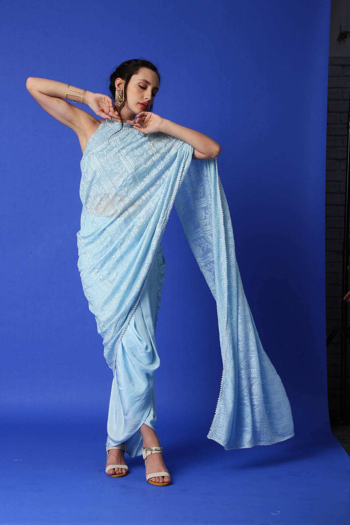 Karishma Chikankari Dhoti Saree & Blouse - Monk & Mei