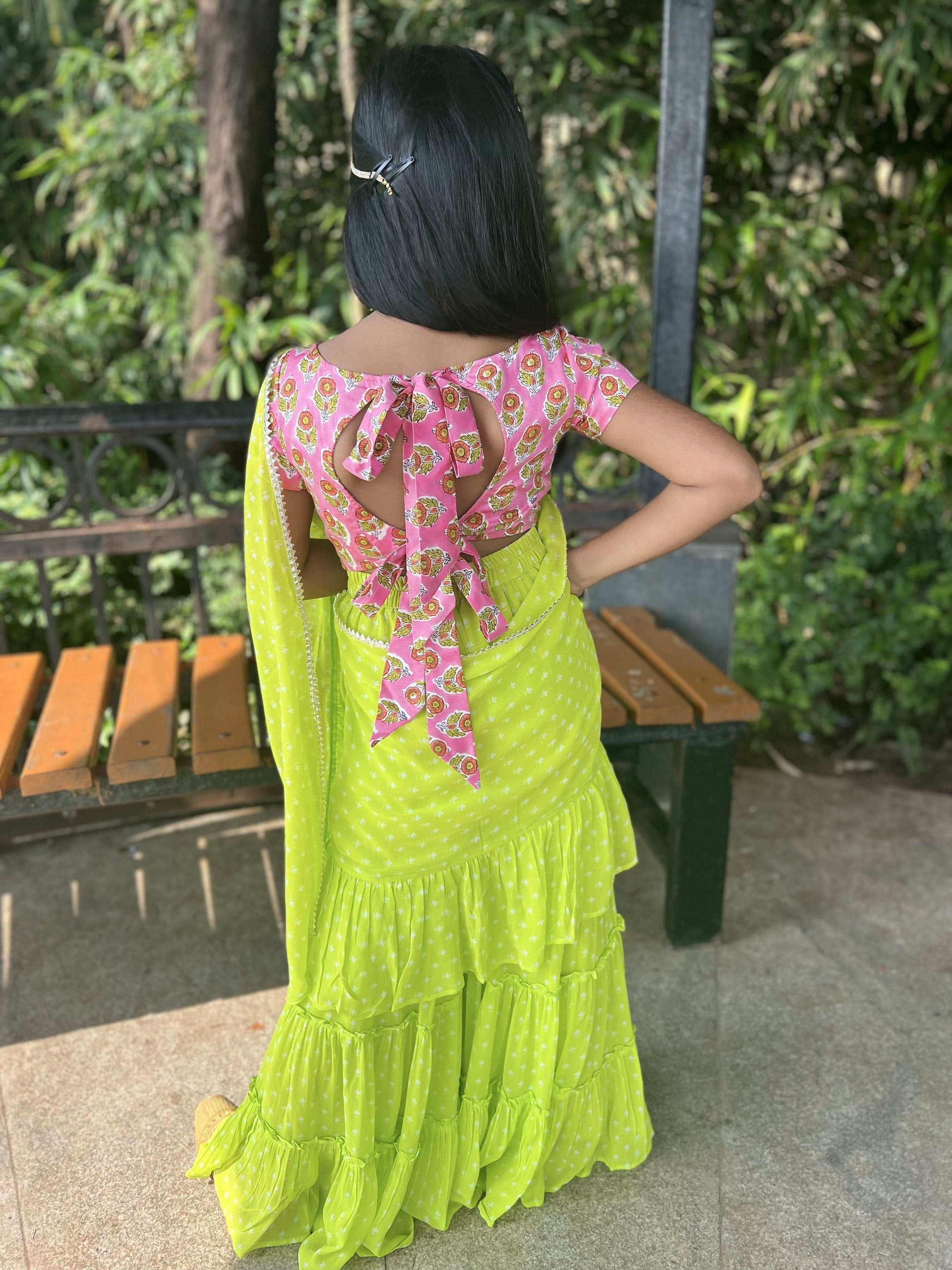 Issh Green Sharara Saree - Girls - Monk & Mei