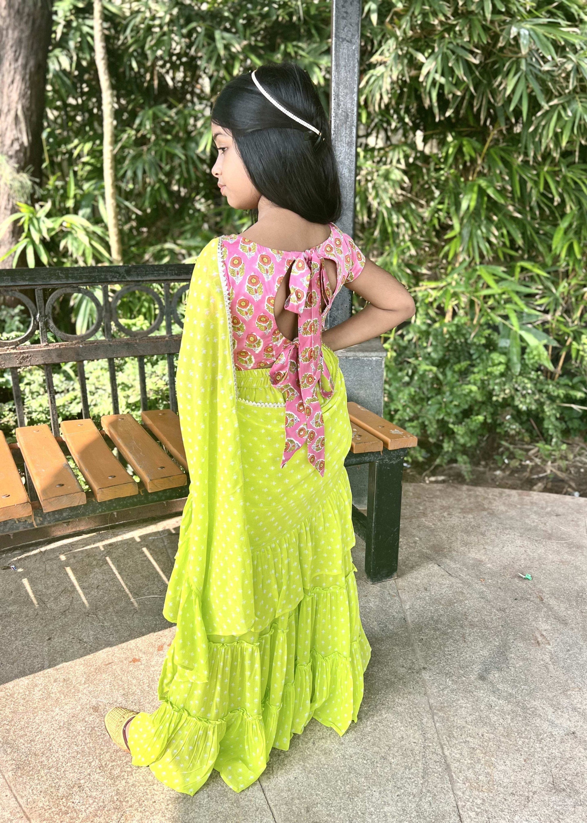 Issh Green Sharara Saree - Girls - Monk & Mei
