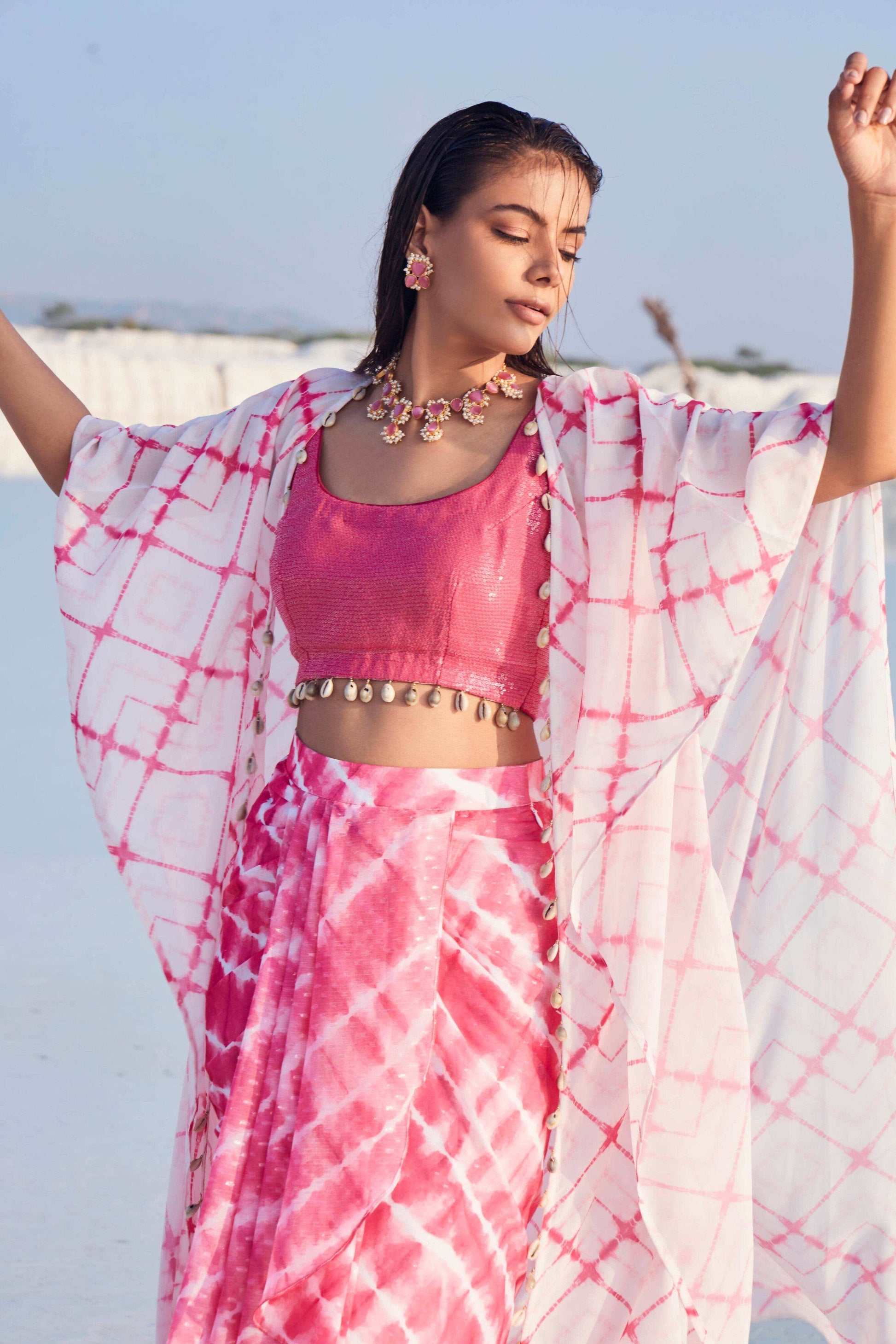 GLORIA BLOUSE - DHOTI SKIRT - SHRUG (PINK) - Monk & Mei