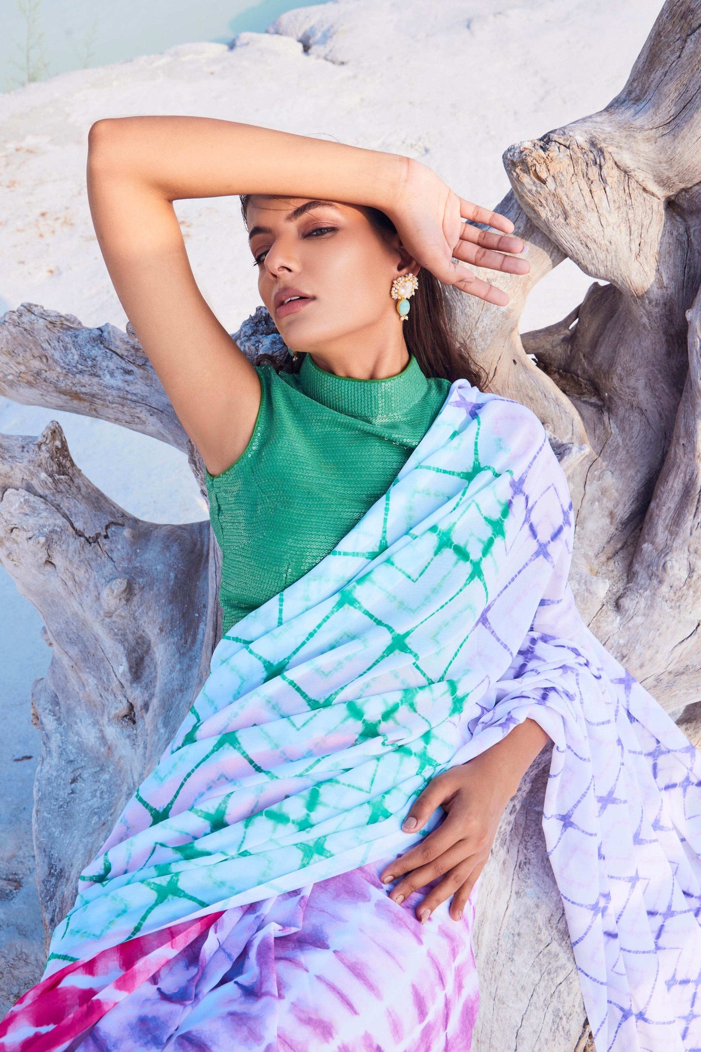 CELESTIA SAREE & HALTER NECK BLOUSE (GREEN) - MULTICOLOR - Monk & Mei