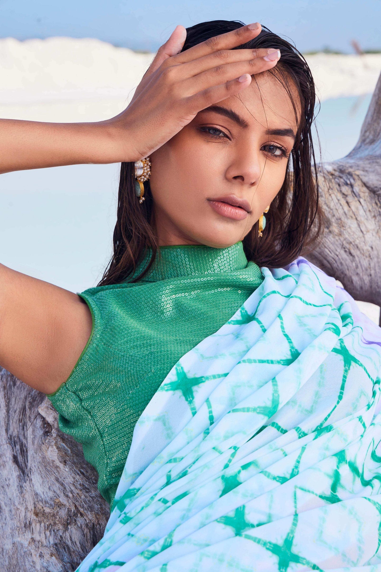 CELESTIA SAREE & HALTER NECK BLOUSE (GREEN) - MULTICOLOR - Monk & Mei