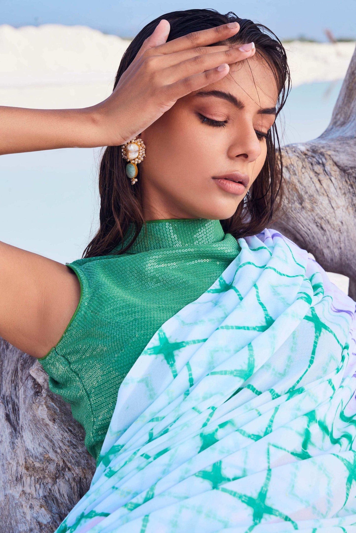 CELESTIA SAREE & HALTER NECK BLOUSE (GREEN) - MULTICOLOR - Monk & Mei