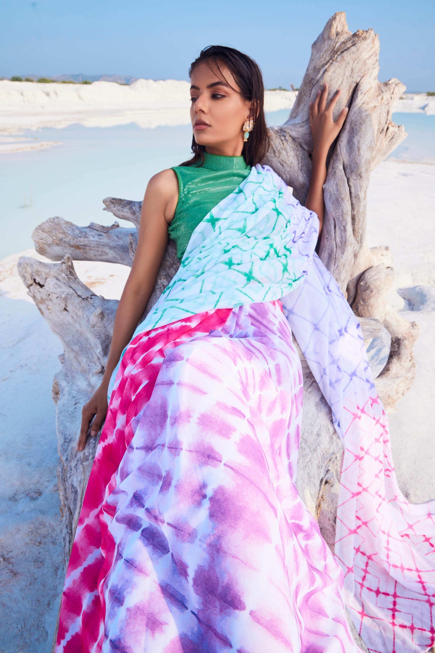 CELESTIA SAREE & HALTER NECK BLOUSE (GREEN) - MULTICOLOR - Monk & Mei