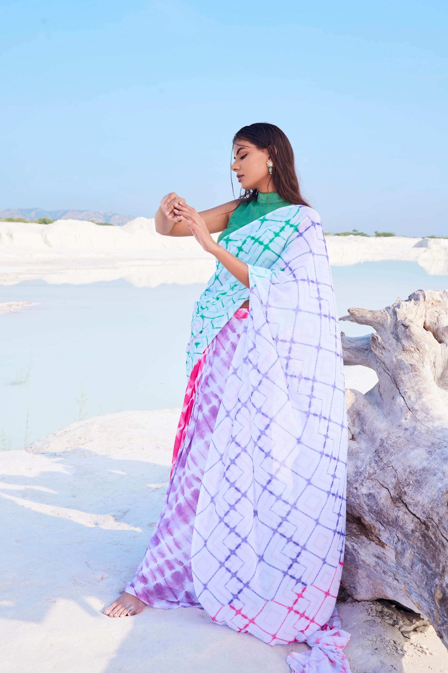 CELESTIA SAREE & HALTER NECK BLOUSE (GREEN) - MULTICOLOR - Monk & Mei