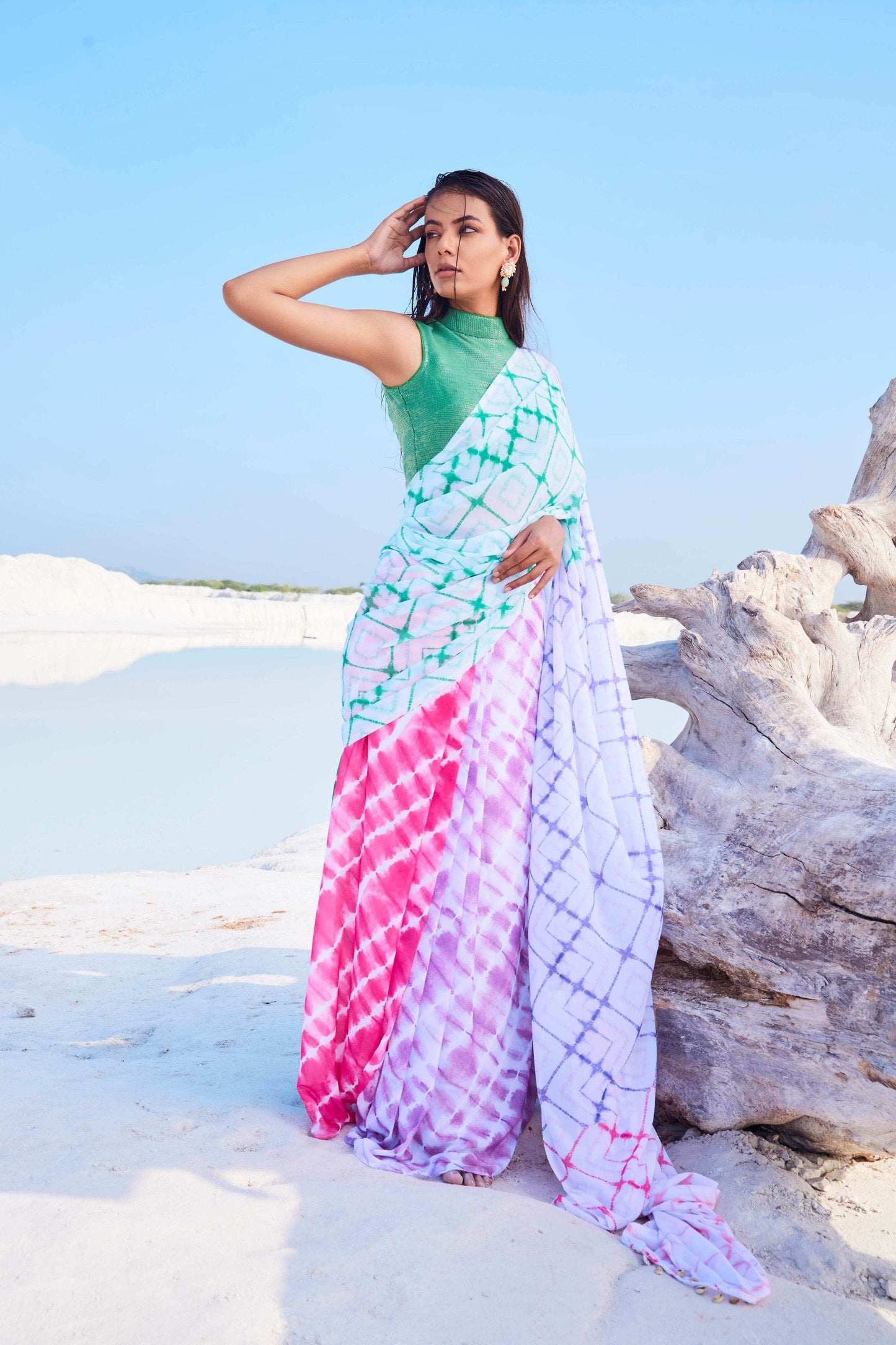 CELESTIA SAREE & HALTER NECK BLOUSE (GREEN) - MULTICOLOR - Monk & Mei