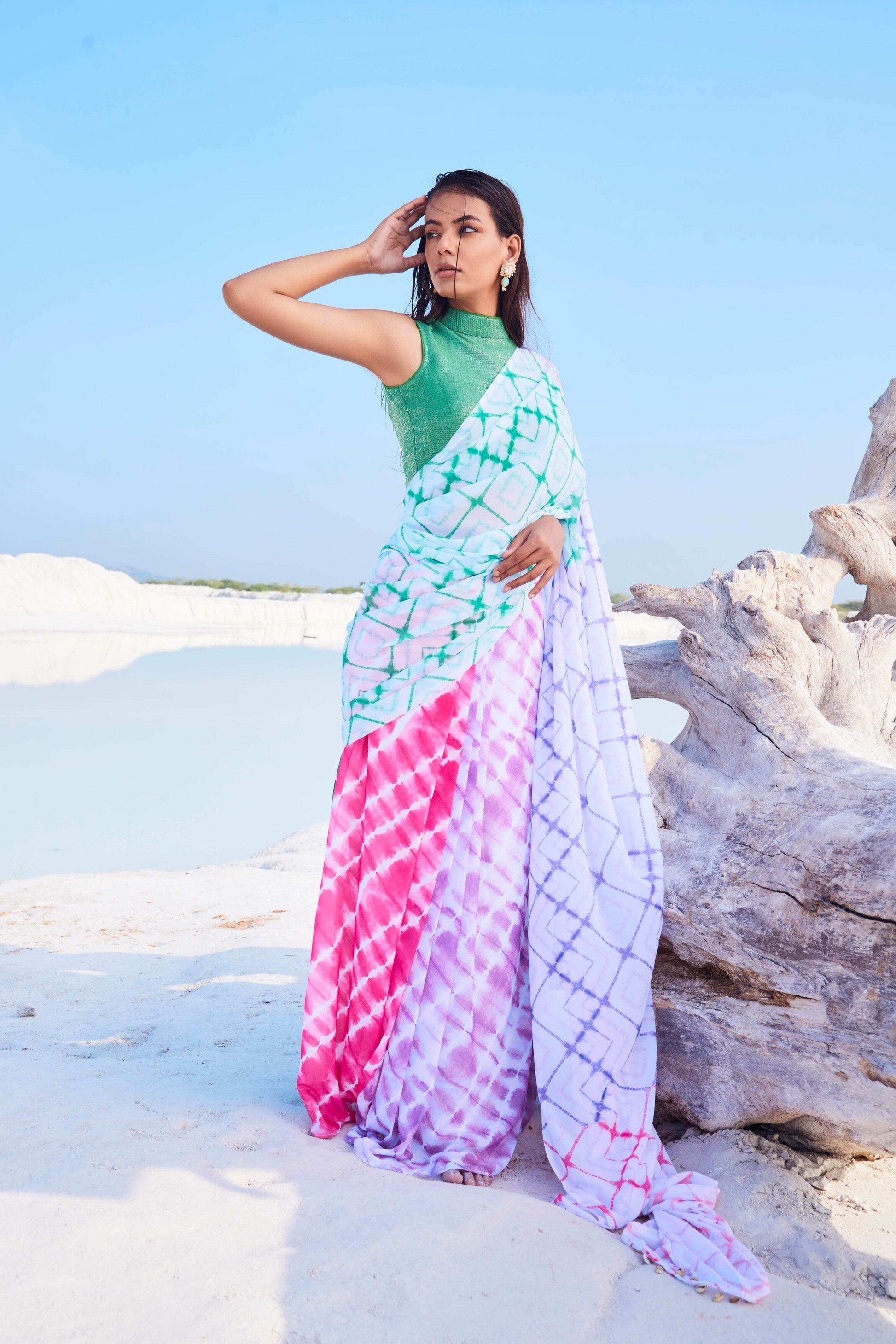 CELESTIA SAREE & HALTER NECK BLOUSE (GREEN) - MULTICOLOR - Monk & Mei