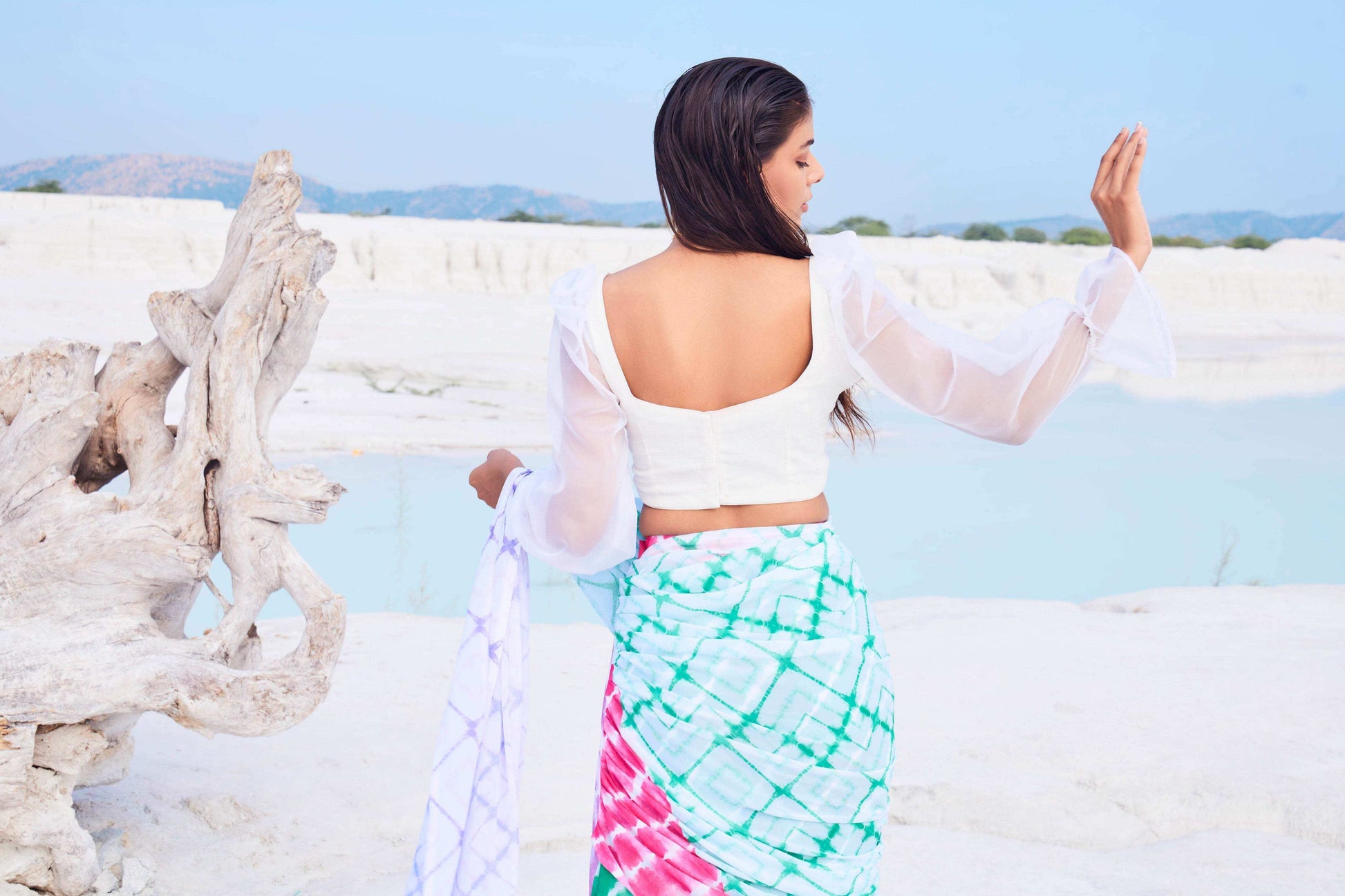 CELESTIA SAREE & FULL SLEEVE BLOUSE (WHITE) - MULTICOLOR - Monk & Mei