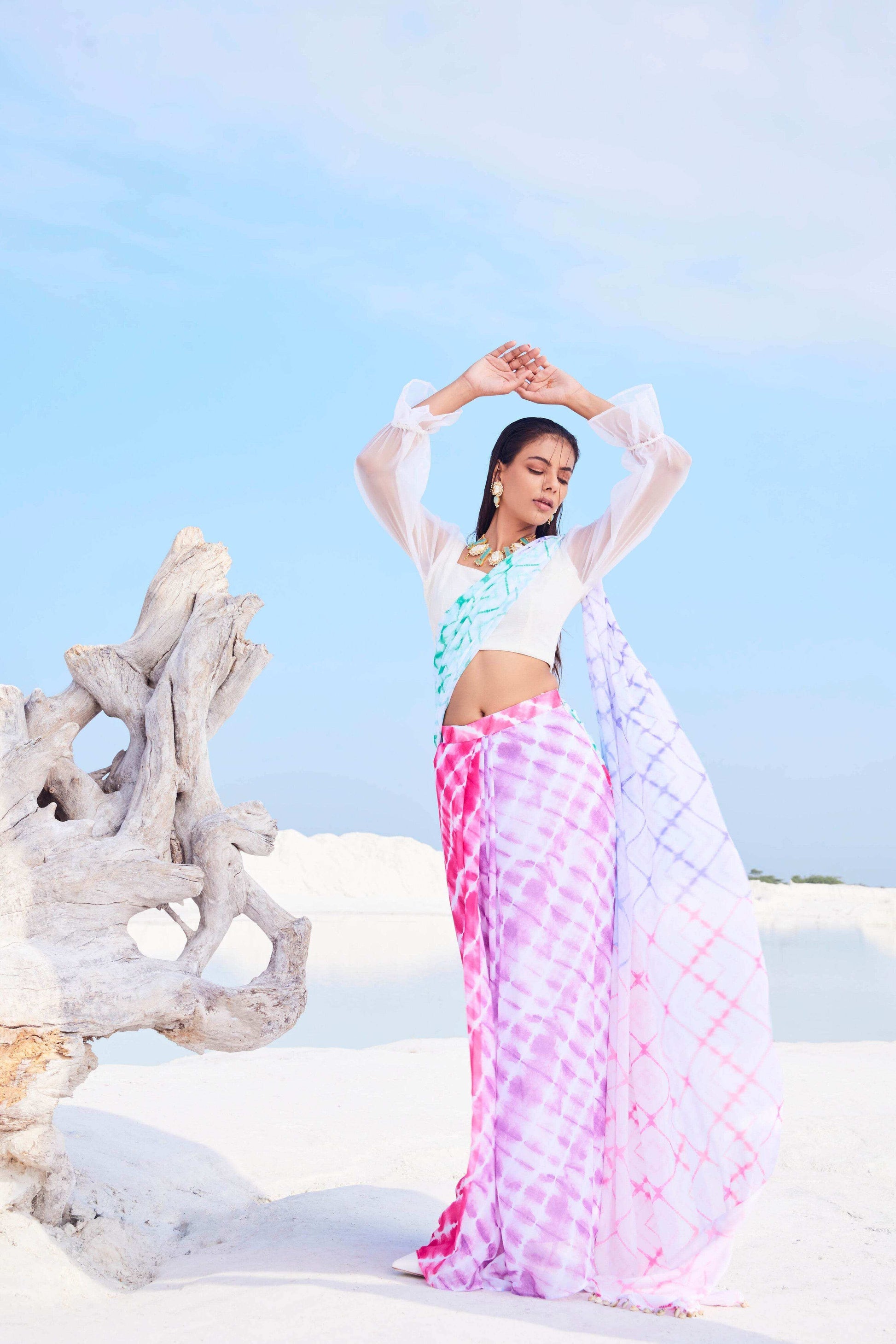 CELESTIA SAREE & FULL SLEEVE BLOUSE (WHITE) - MULTICOLOR - Monk & Mei