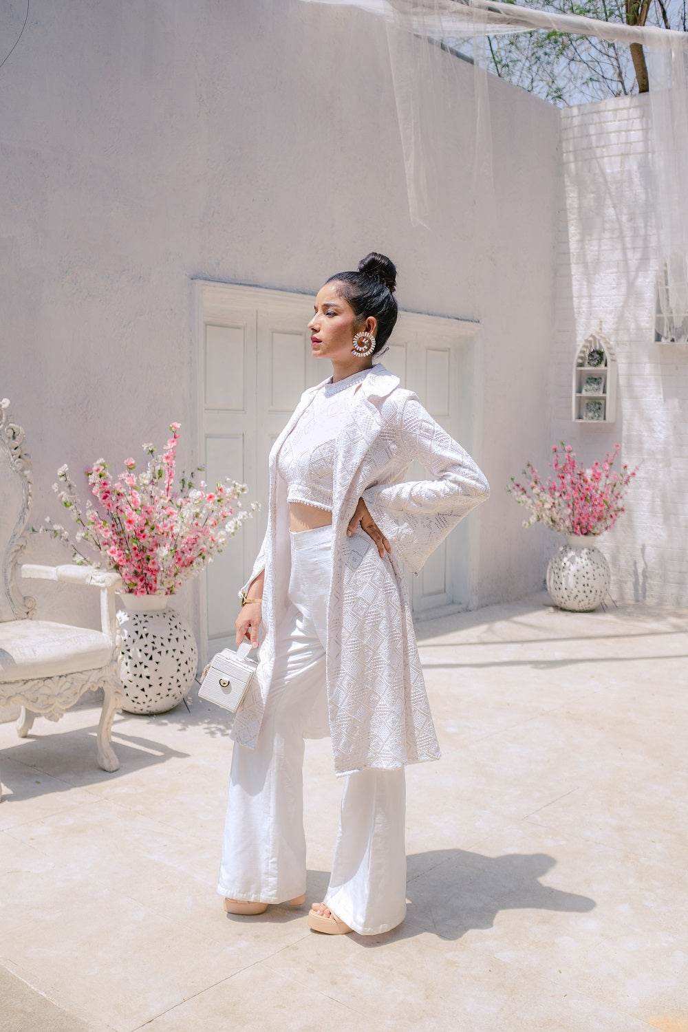 Inayat Chikankari Top, Pants & Jacket- White - Monk & Mei