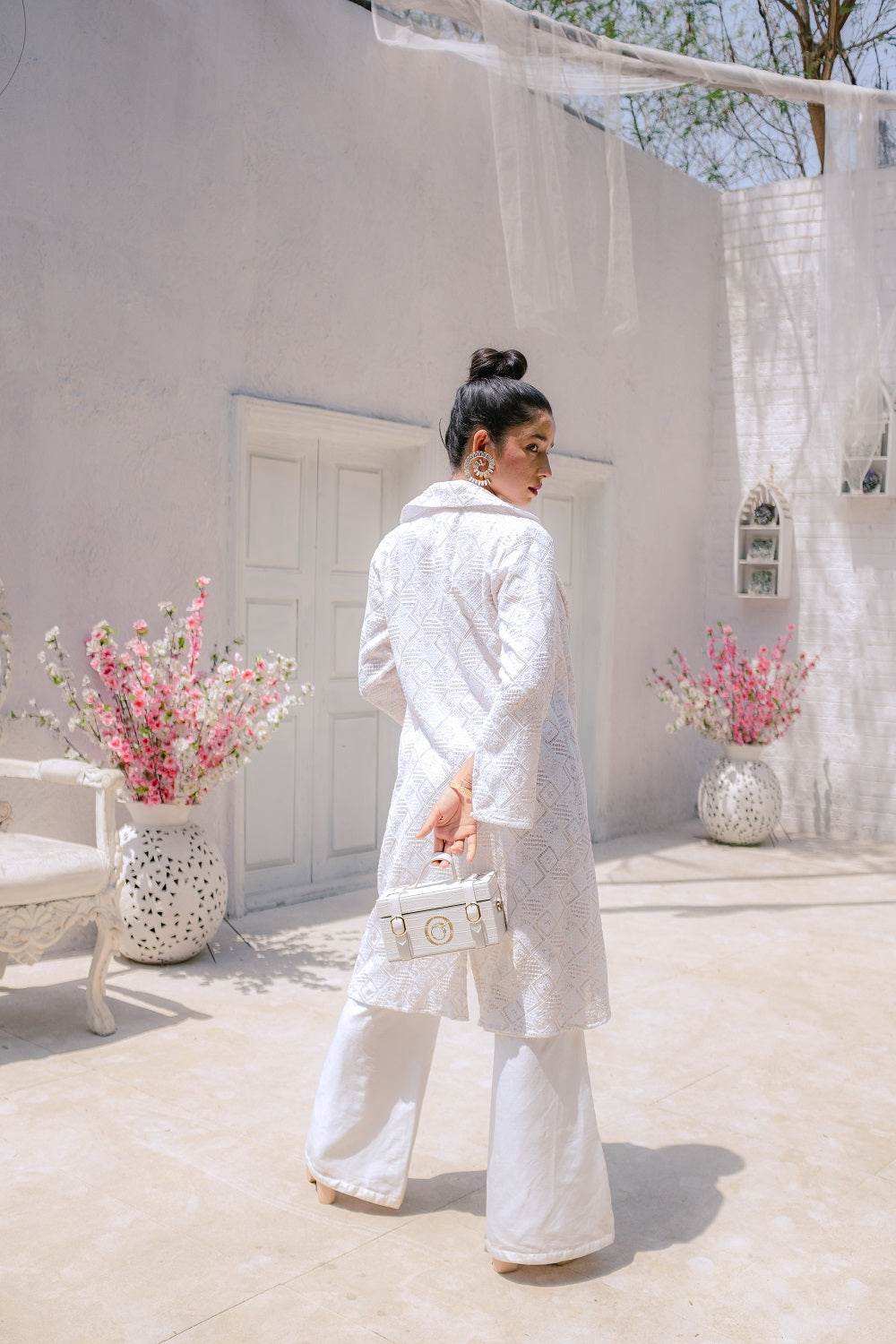Inayat Chikankari Top, Pants & Jacket- White - Monk & Mei