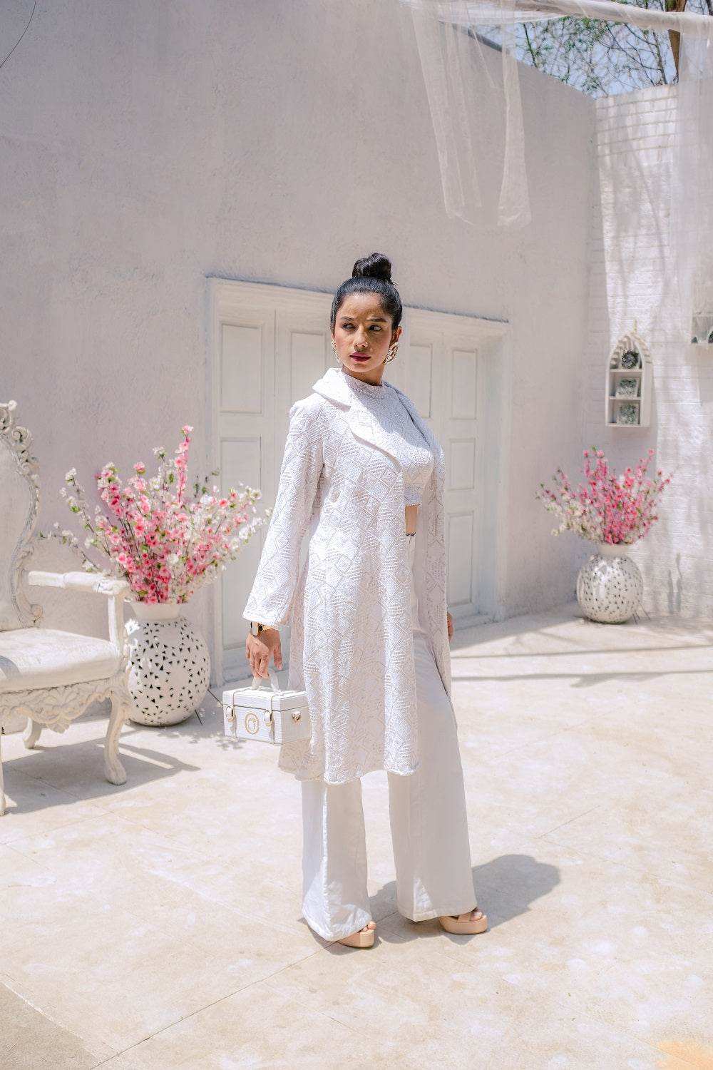 Inayat Chikankari Top, Pants & Jacket- White - Monk & Mei