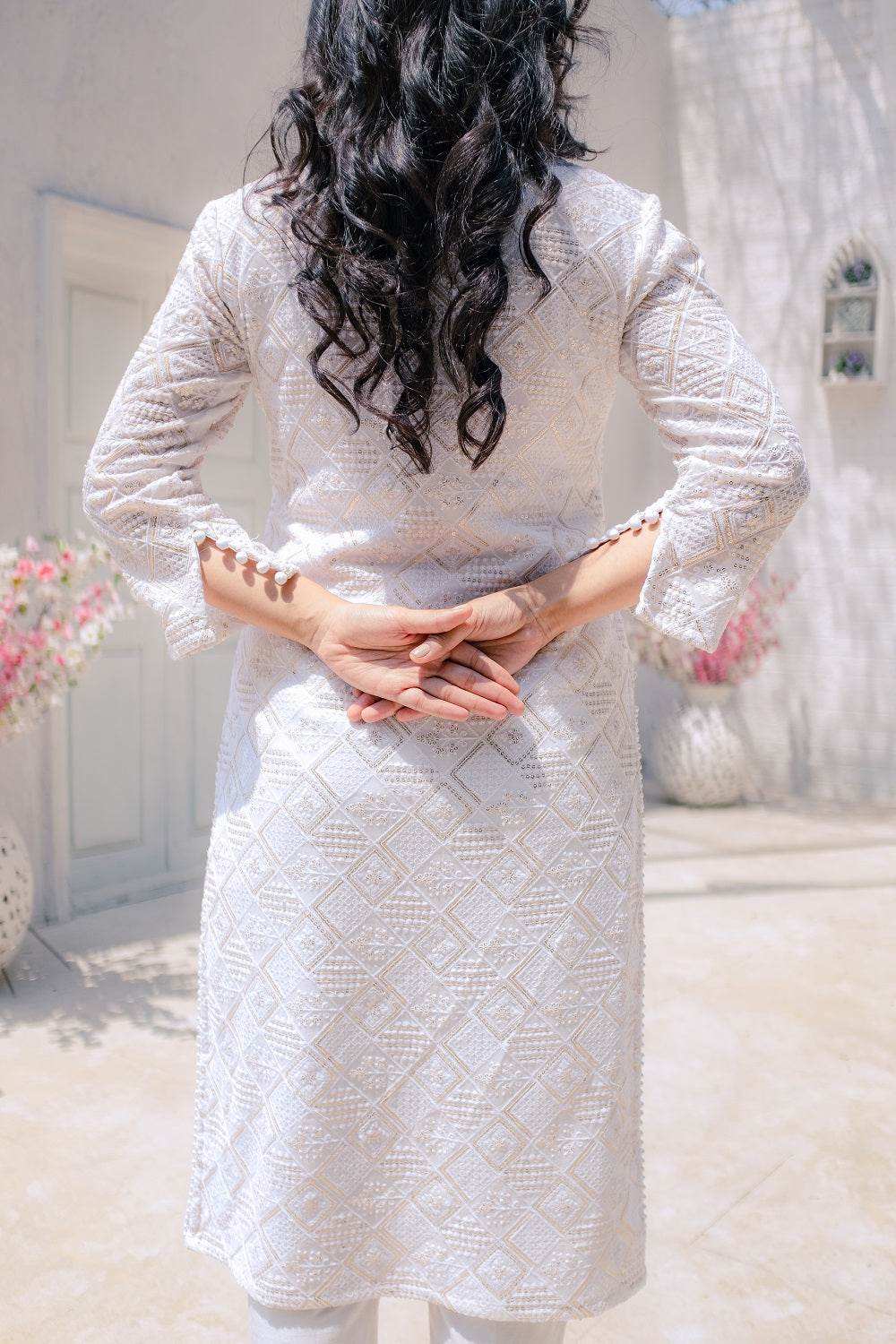 Malak Straight Chikankari Kurta, Pants & Dupatta - White - Monk & Mei